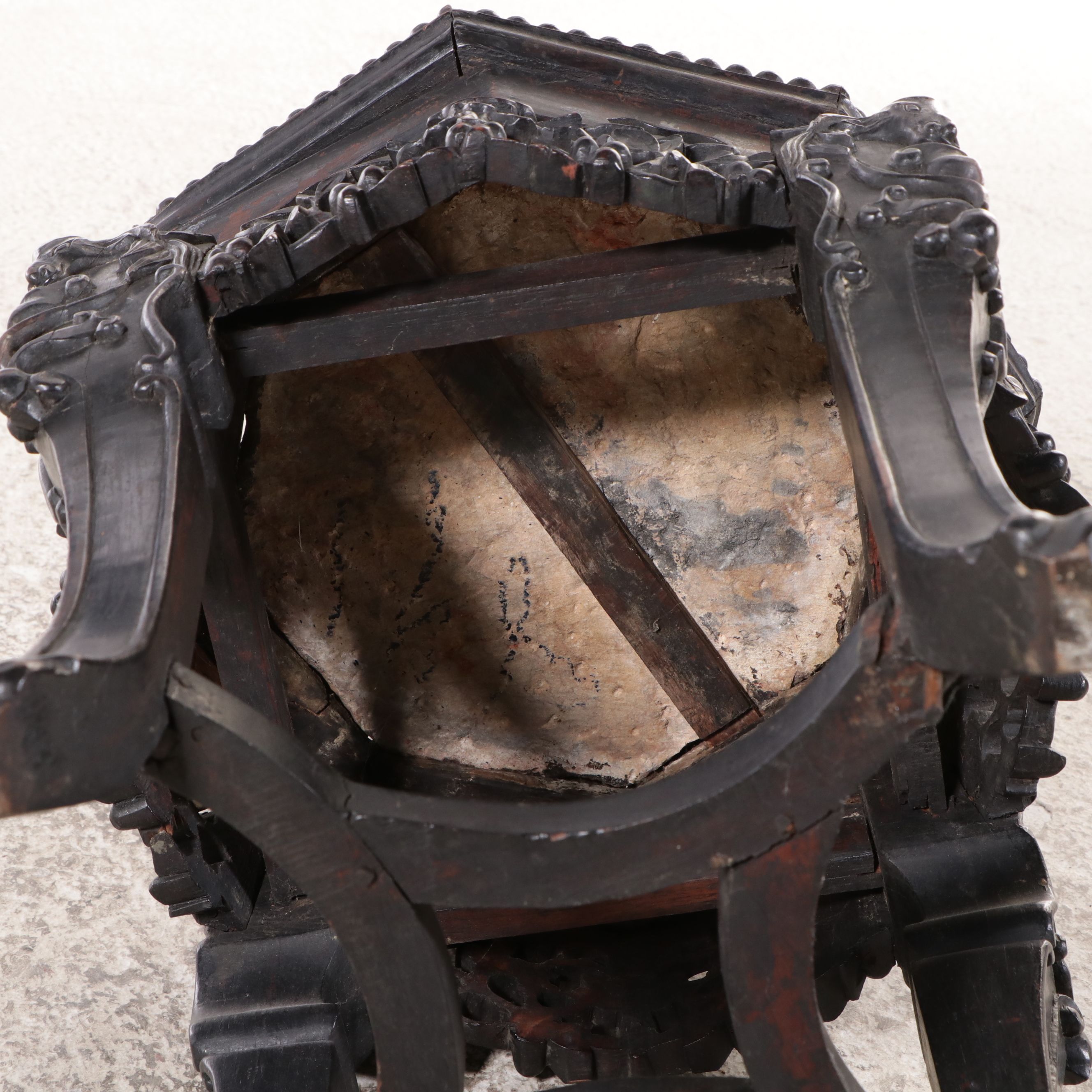 Chinese Carved Rosewood Hexagonal Accent Table with Inset Marble Top