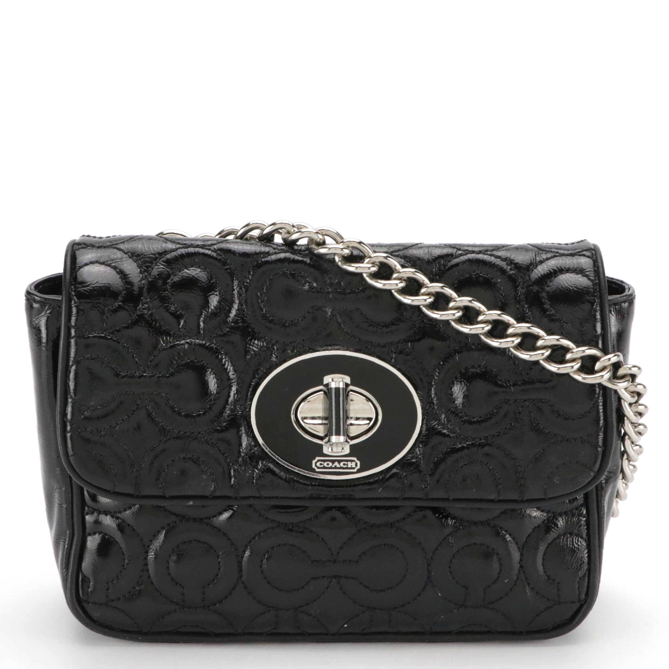 Coach Mini Turn-Lock Chain Strap Bag in Black Quilted Patent Leather, With Box