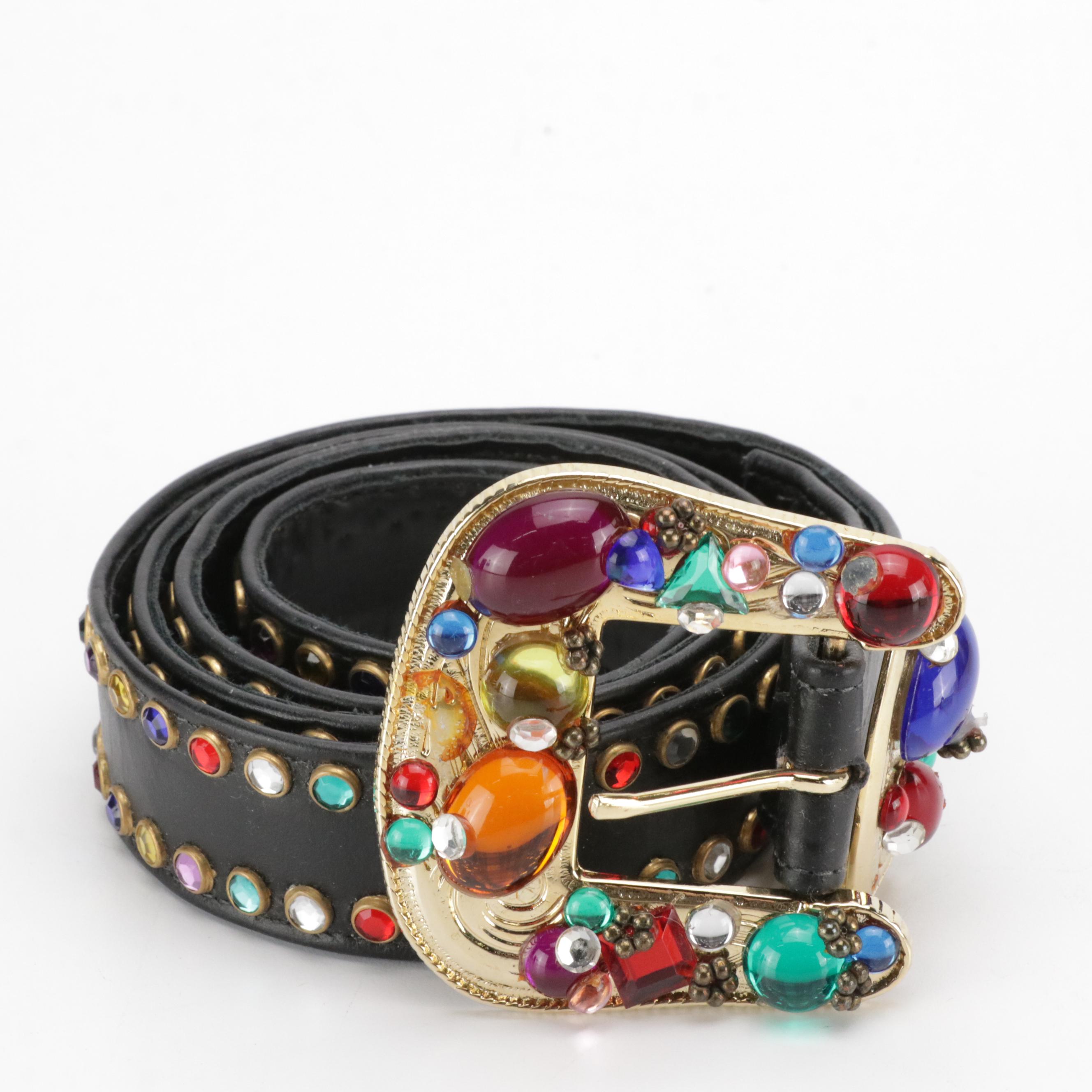 St. Maarten Dallas Multicolor Crystal Embellished Belts in White/Black Leather