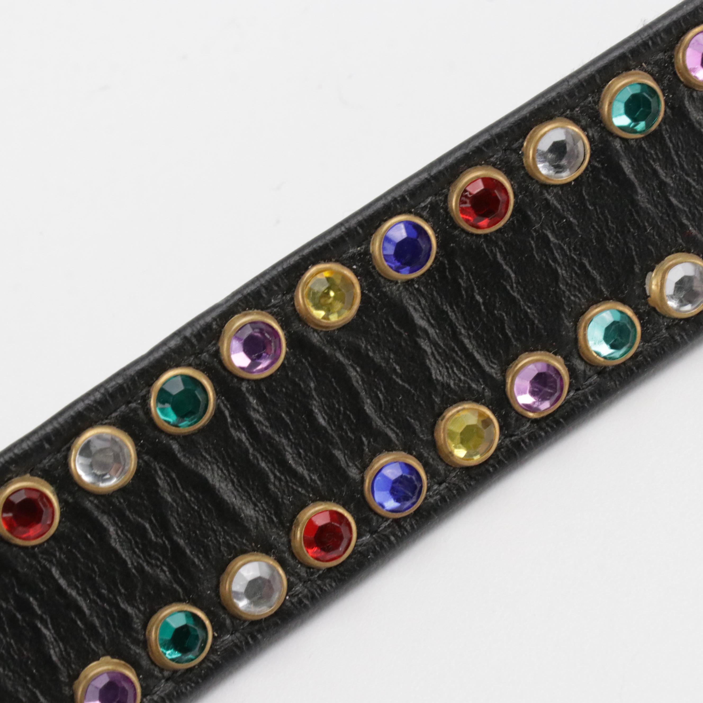 St. Maarten Dallas Multicolor Crystal Embellished Belts in White/Black Leather