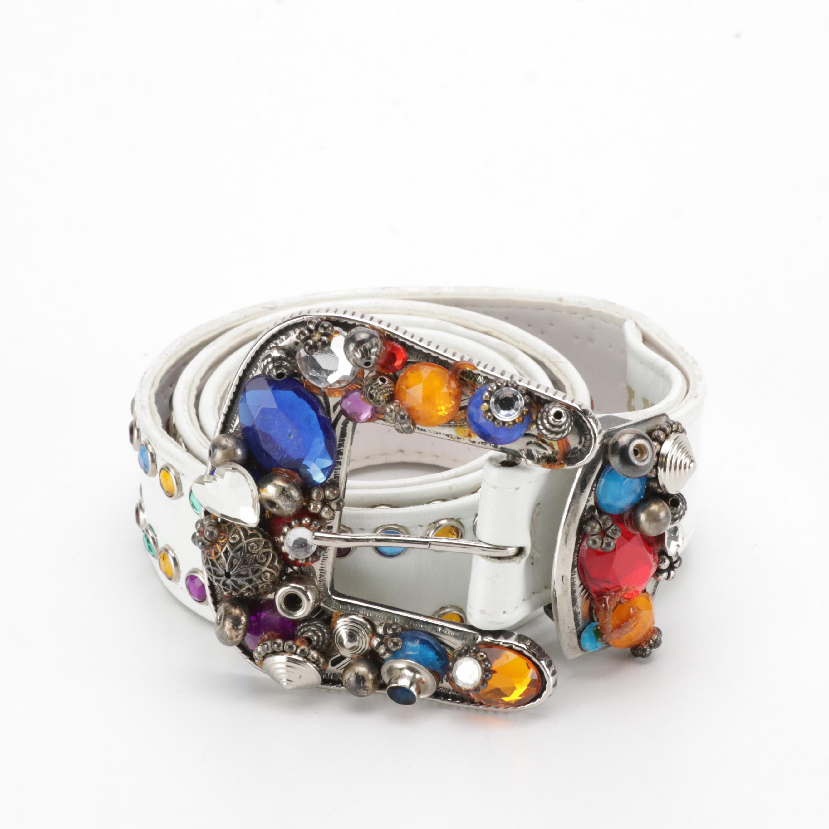 St. Maarten Dallas Multicolor Crystal Embellished Belts in White/Black Leather