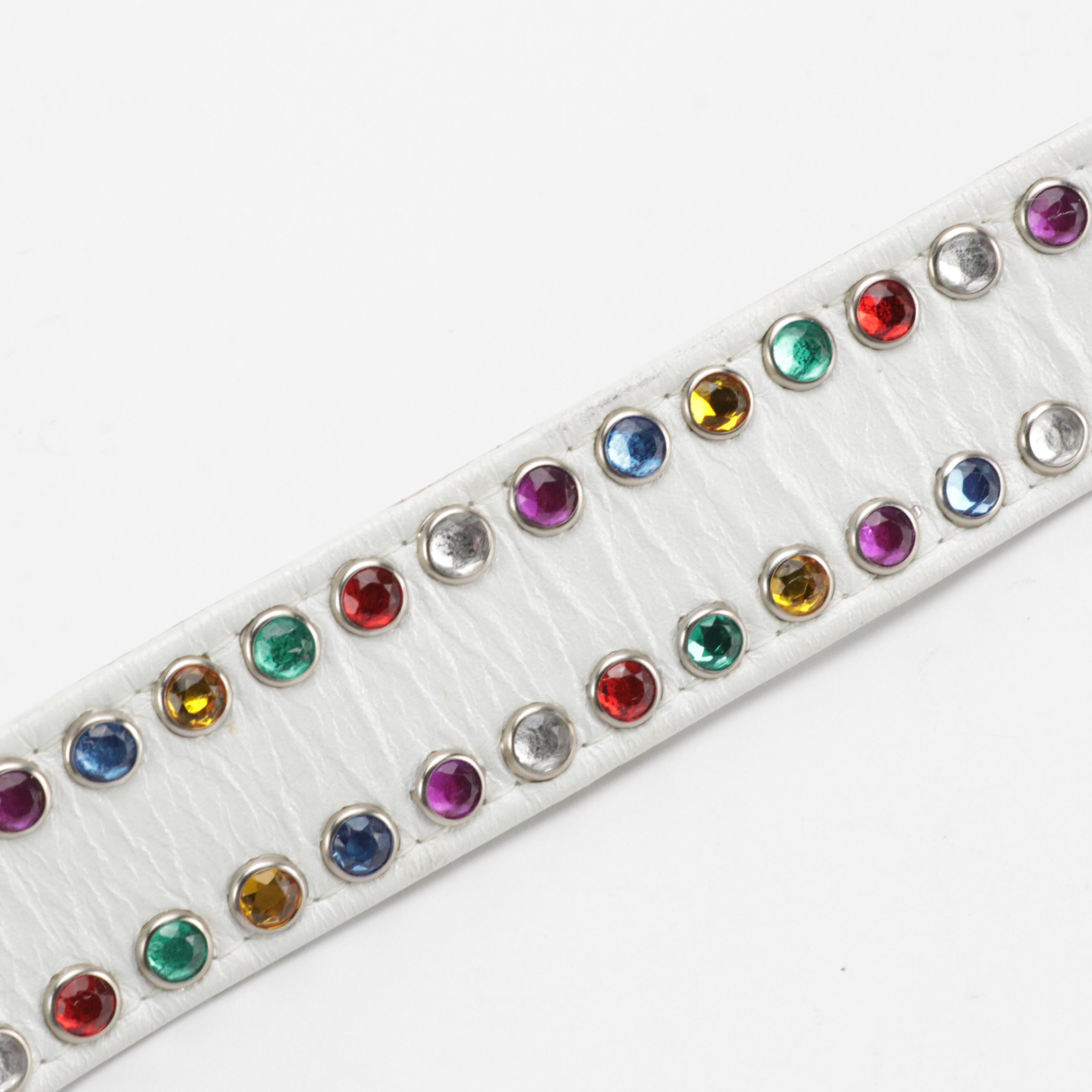 St. Maarten Dallas Multicolor Crystal Embellished Belts in White/Black Leather