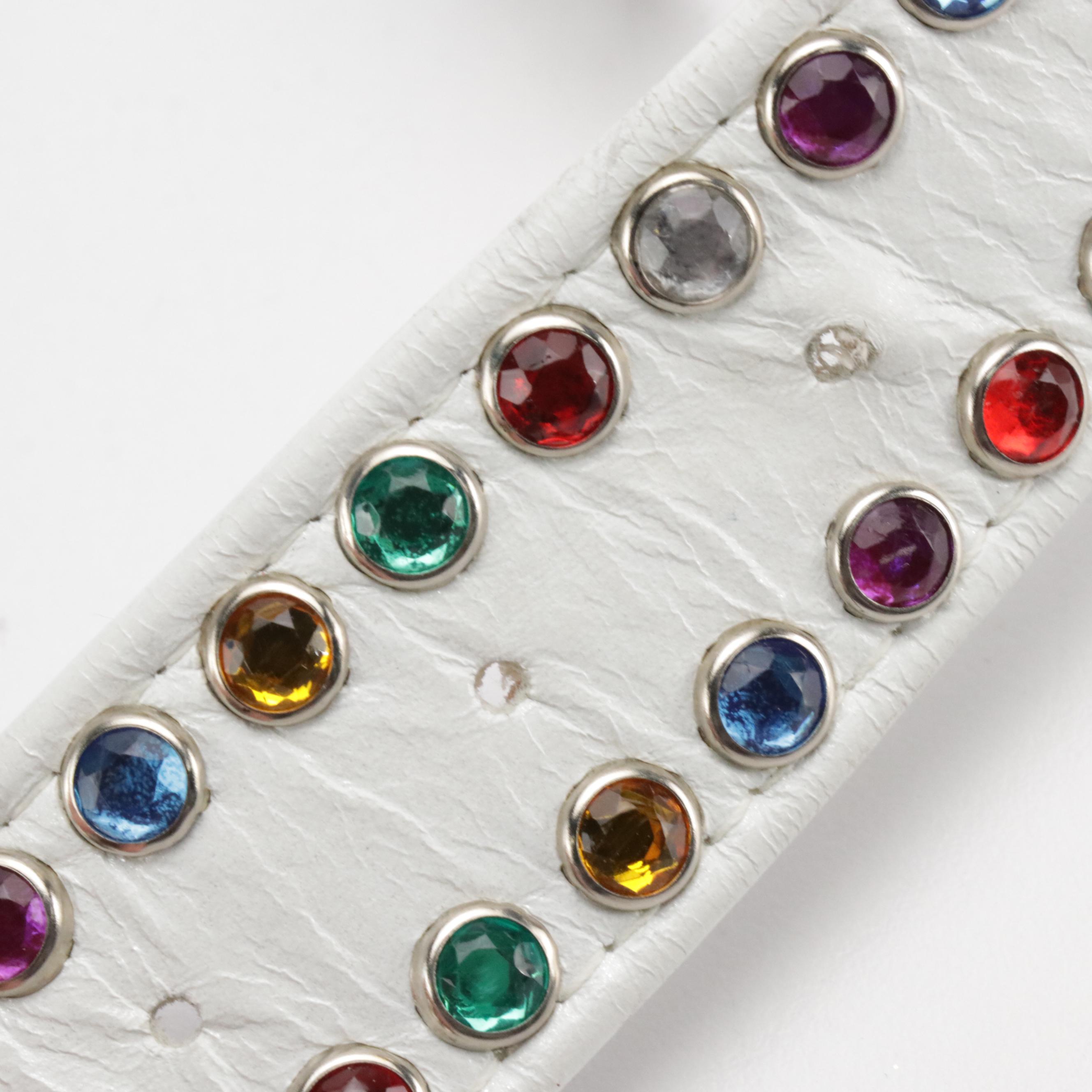 St. Maarten Dallas Multicolor Crystal Embellished Belts in White/Black Leather