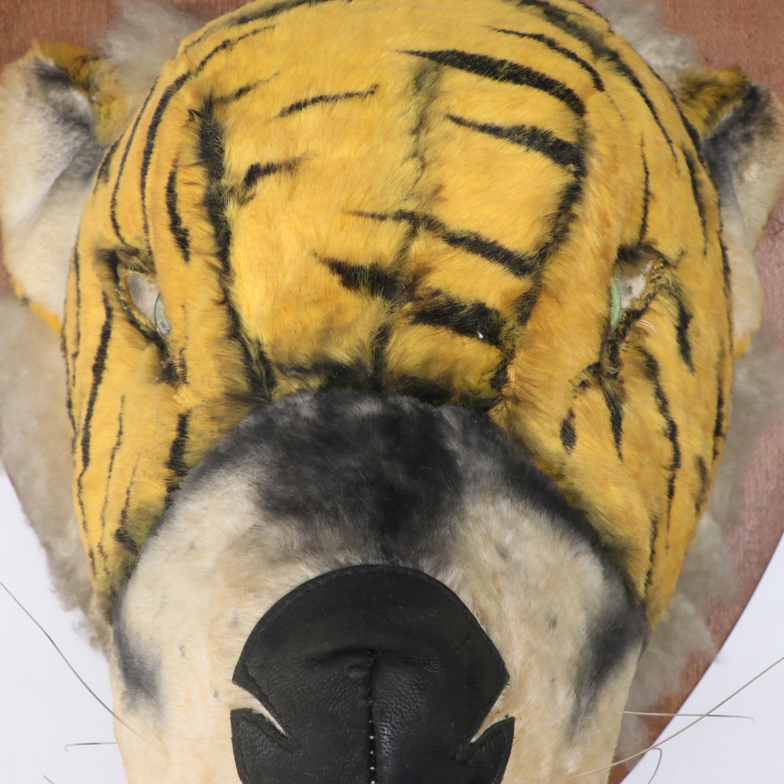 Steiff Style Plush Mohair Tiger Head on Armorial Wooden Wall Plaque