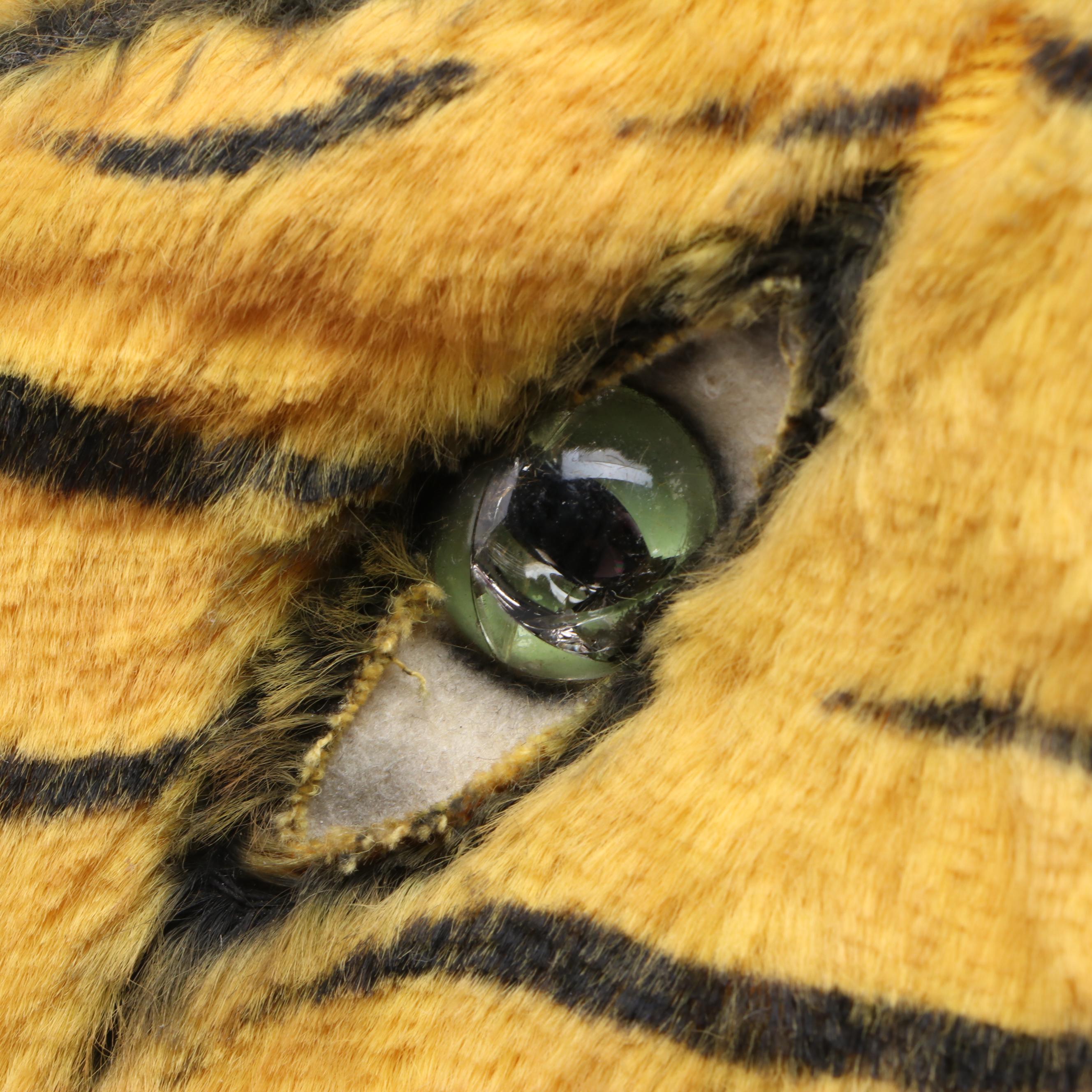 Steiff Style Plush Mohair Tiger Head on Armorial Wooden Wall Plaque