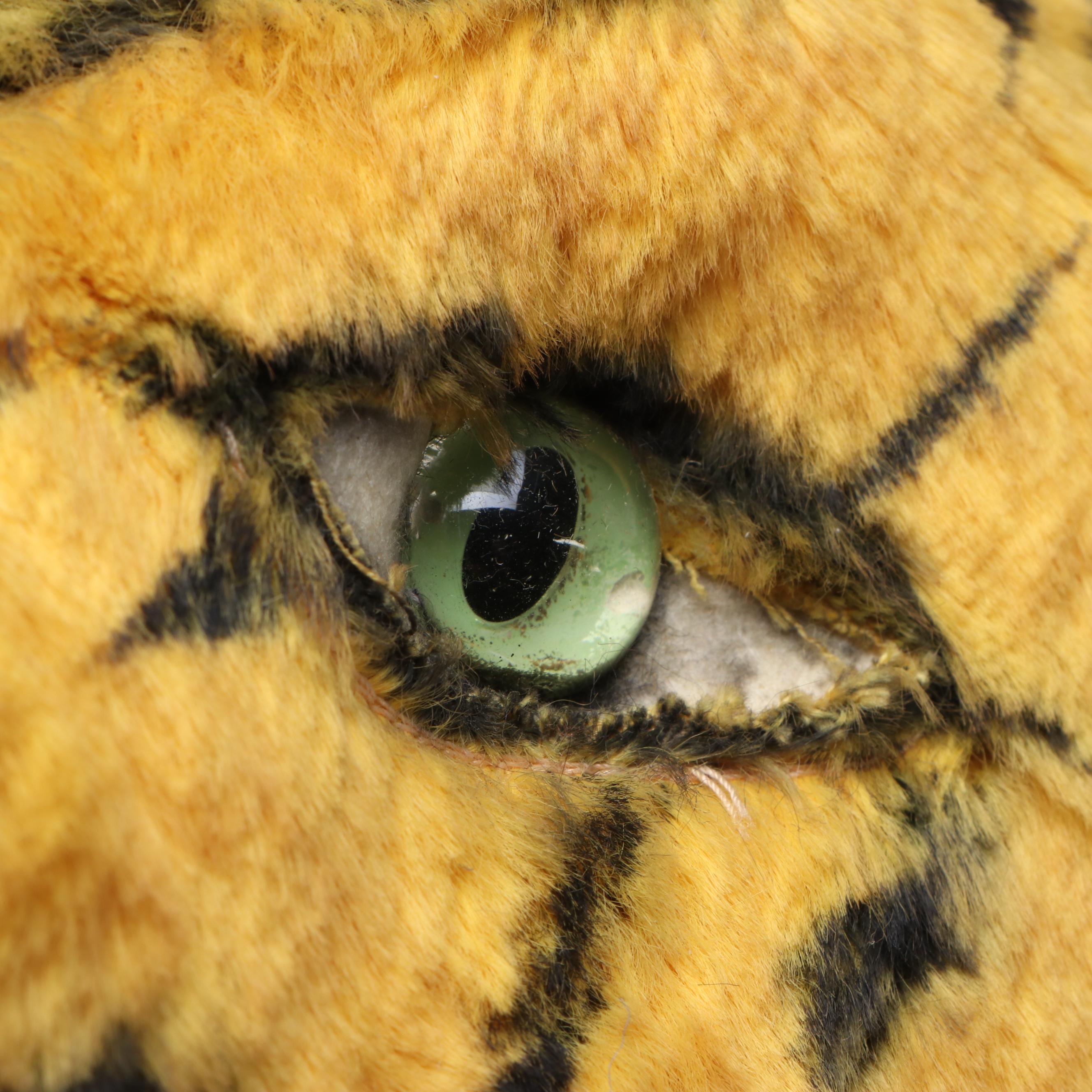 Steiff Style Plush Mohair Tiger Head on Armorial Wooden Wall Plaque