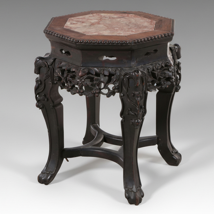 Chinese Carved Rosewood Hexagonal Accent Table with Inset Marble Top