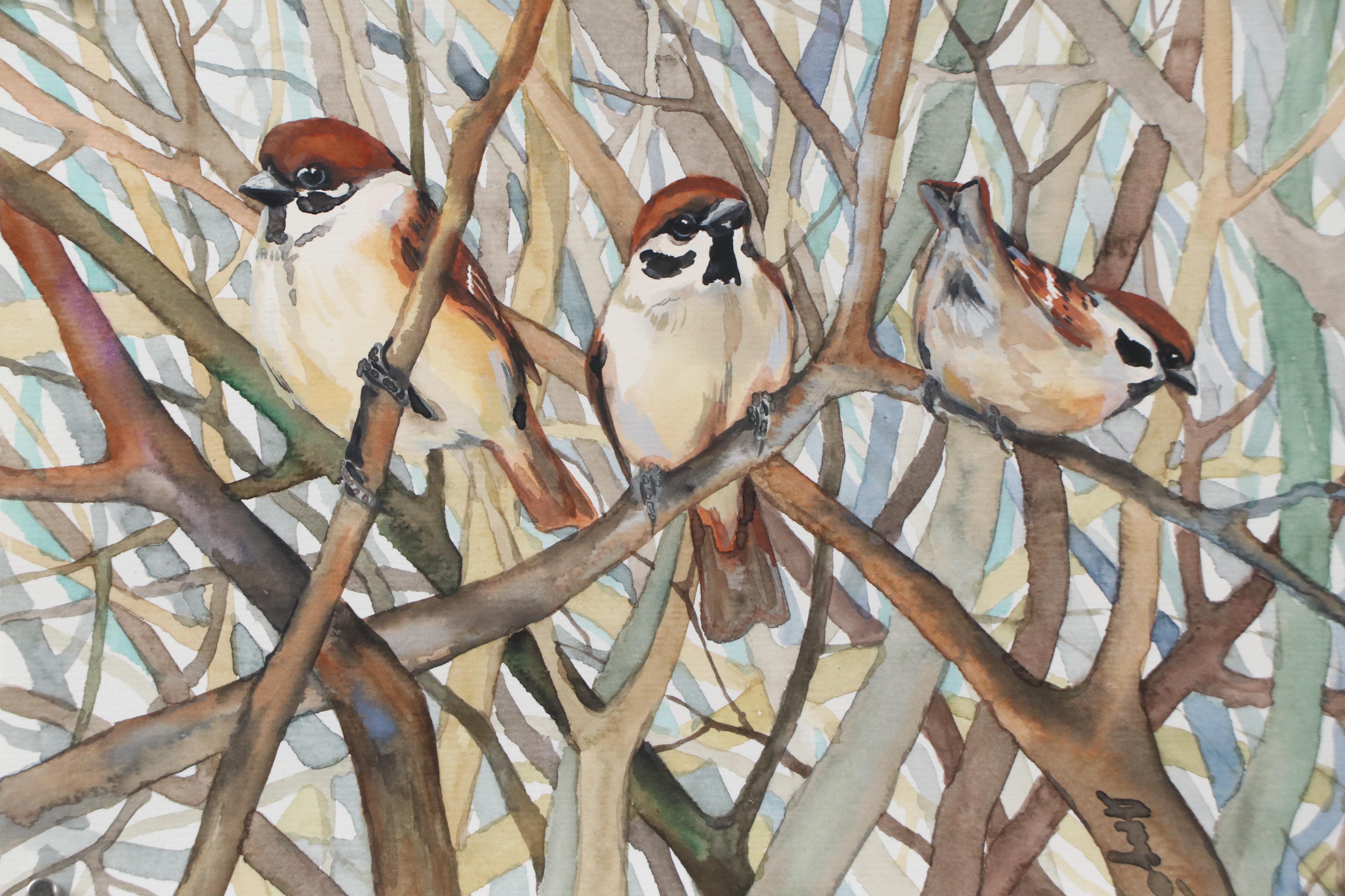 Anne Gorywine Watercolor Painting of Sparrows, 2024