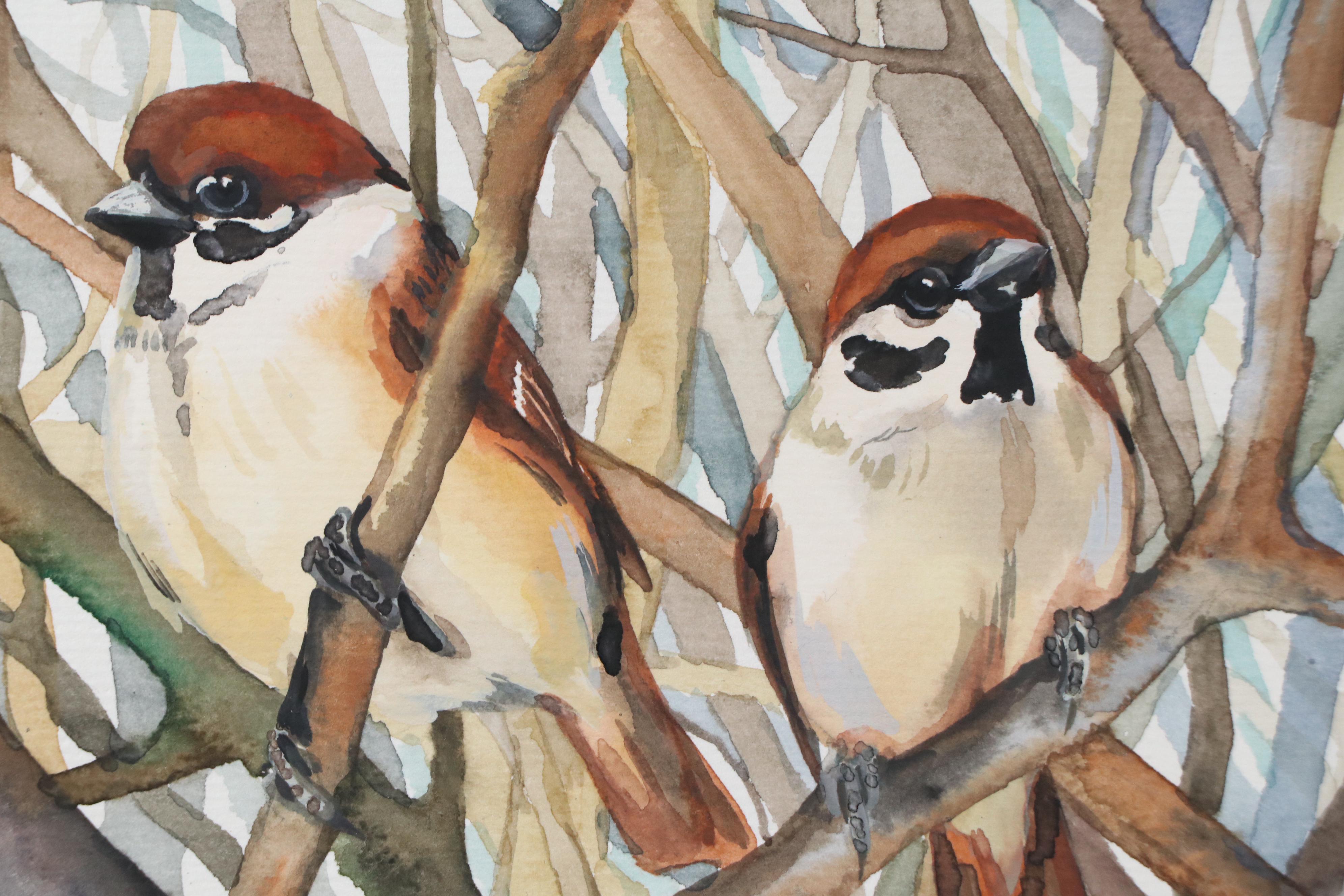 Anne Gorywine Watercolor Painting of Sparrows, 2024