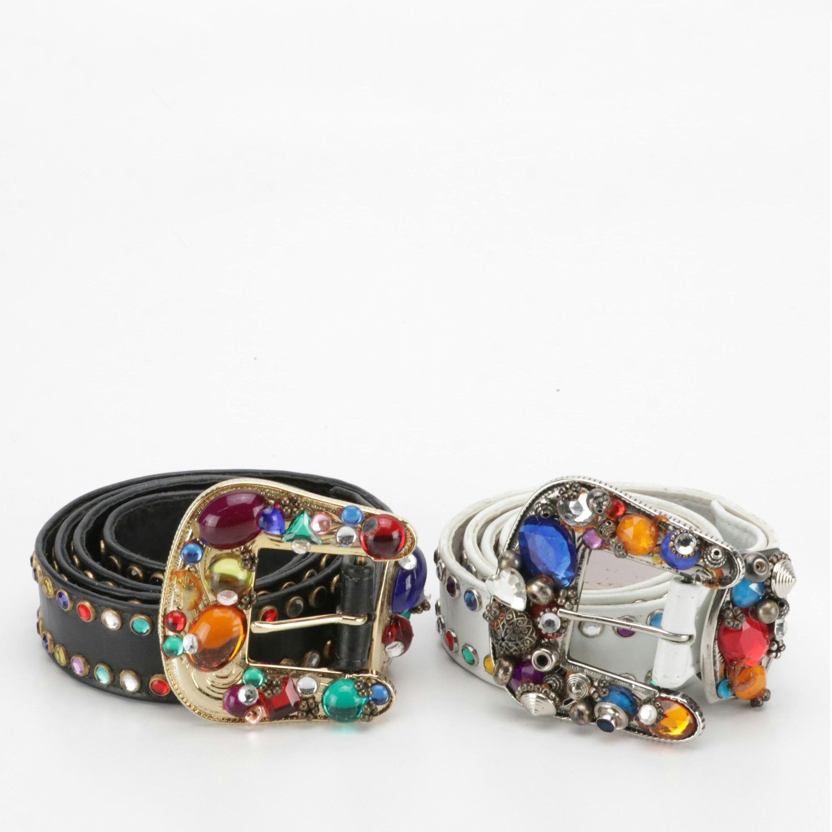 St. Maarten Dallas Multicolor Crystal Embellished Belts in White/Black Leather