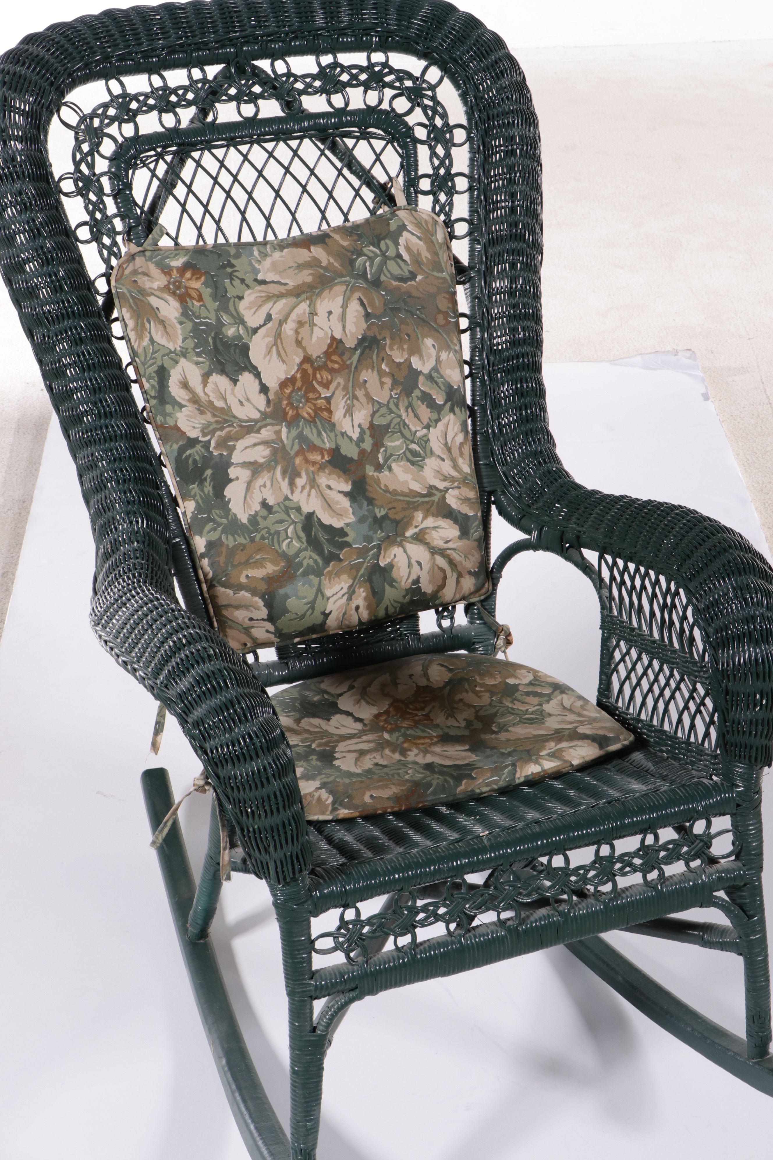Painted Green Wicker Rocking Chair and Baskets