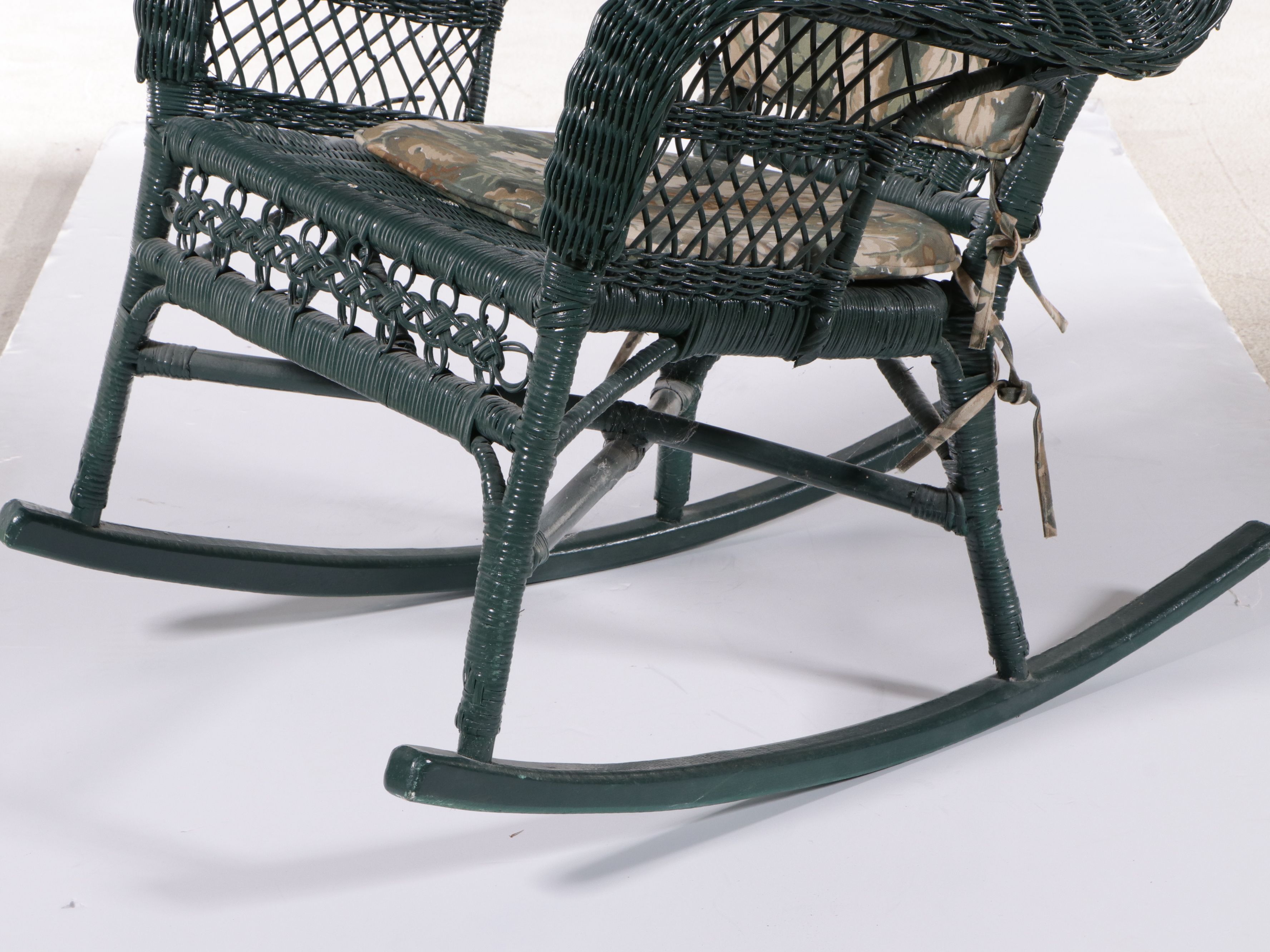 Painted Green Wicker Rocking Chair and Baskets