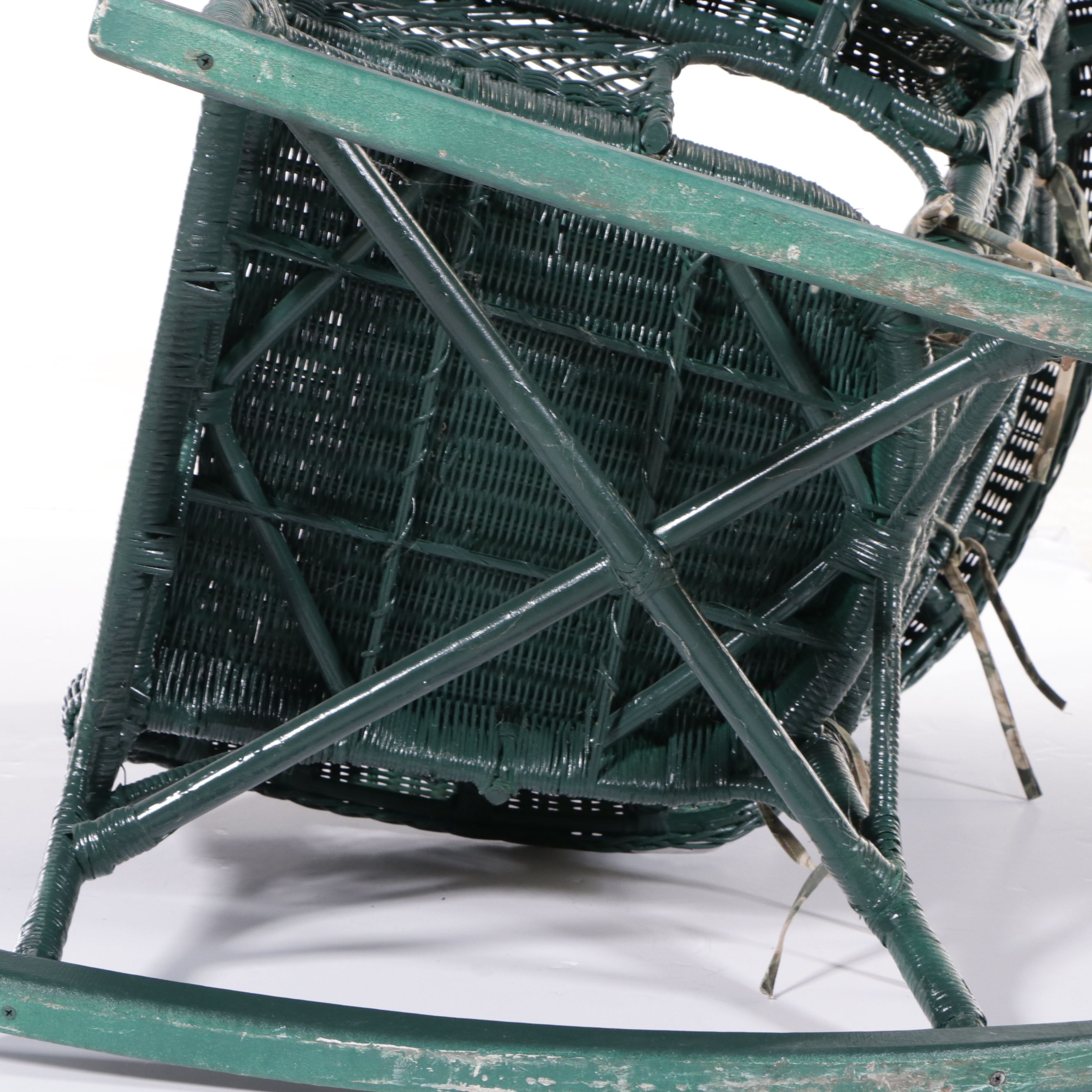 Painted Green Wicker Rocking Chair and Baskets