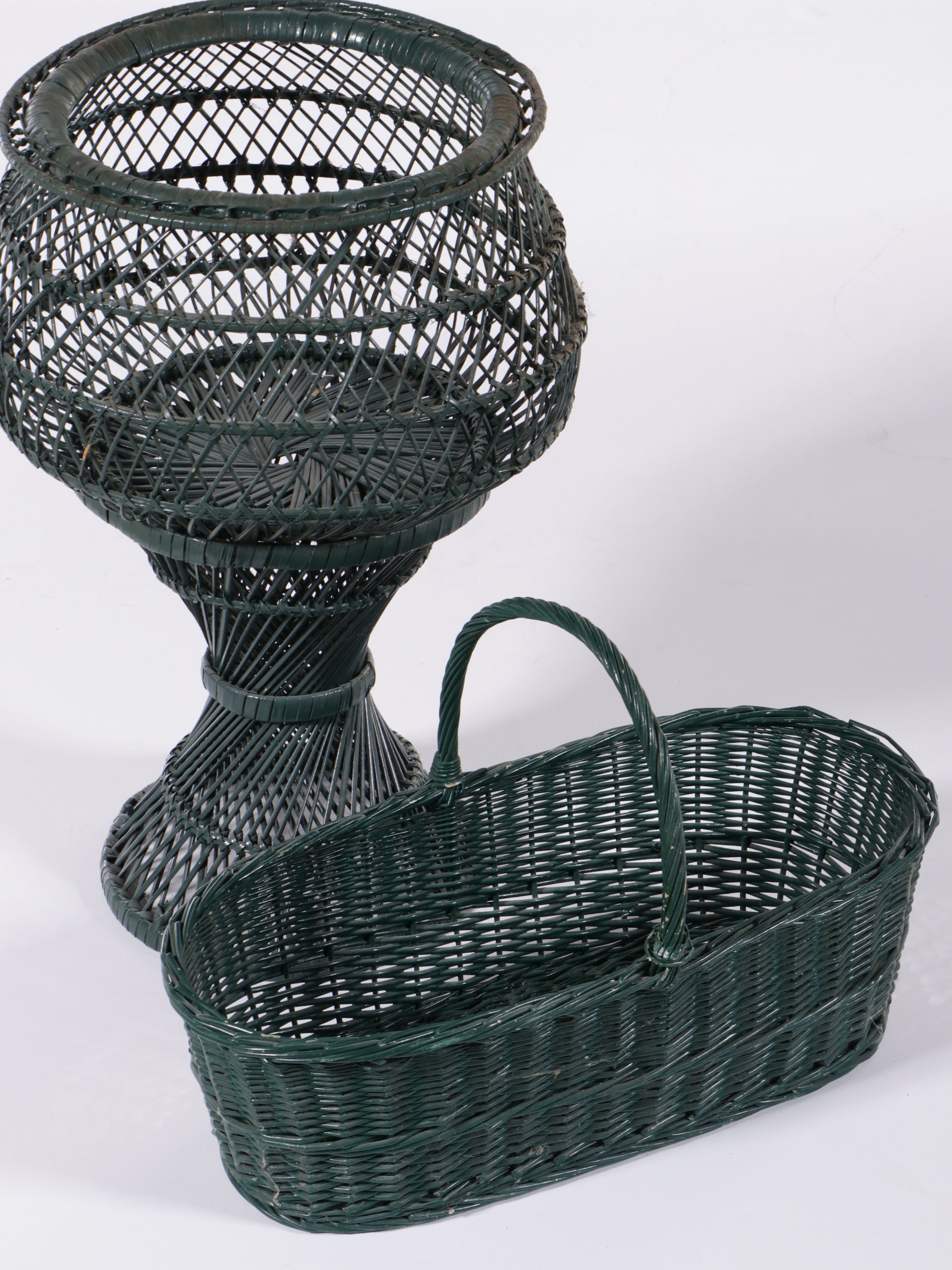Painted Green Wicker Rocking Chair and Baskets