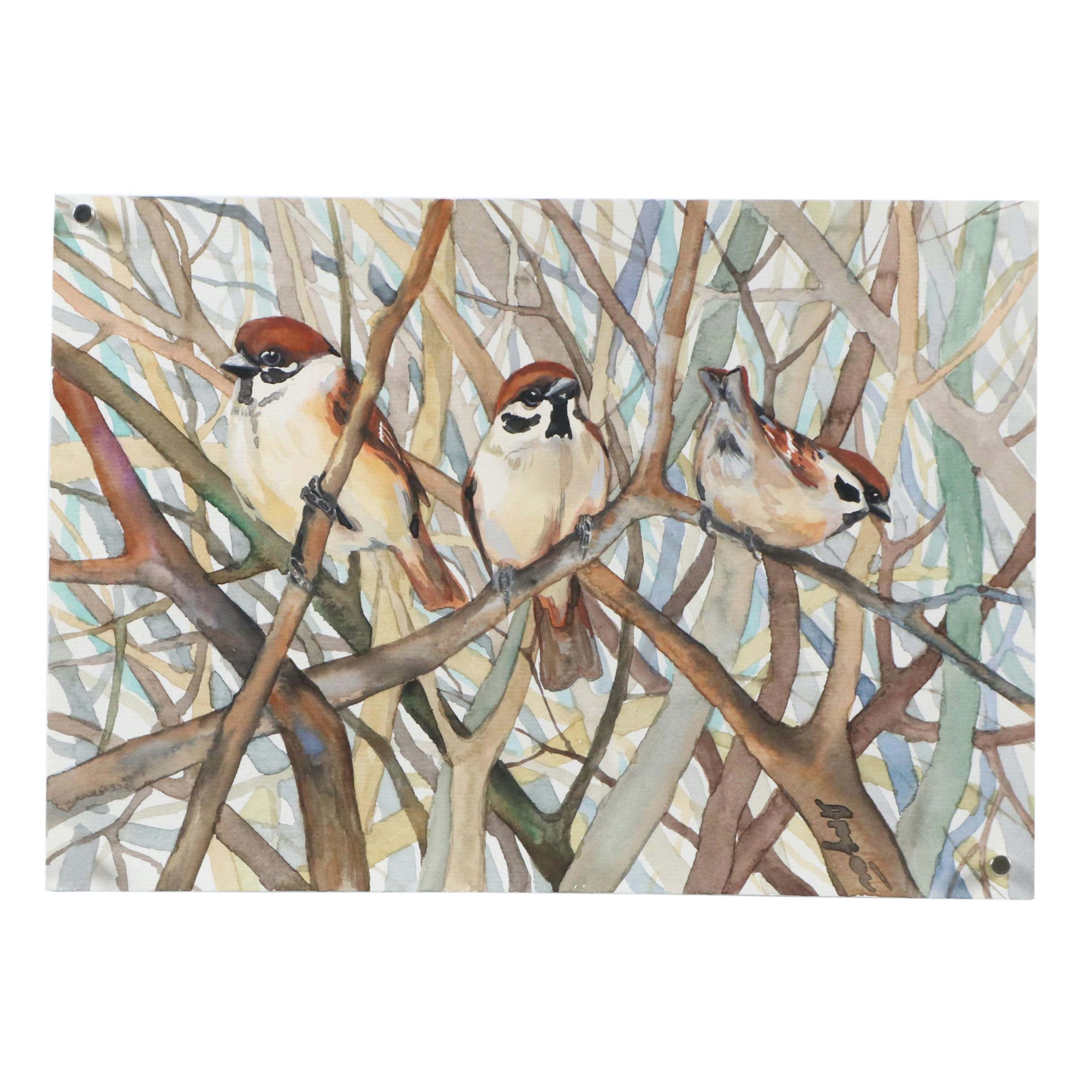 Anne Gorywine Watercolor Painting of Sparrows, 2024