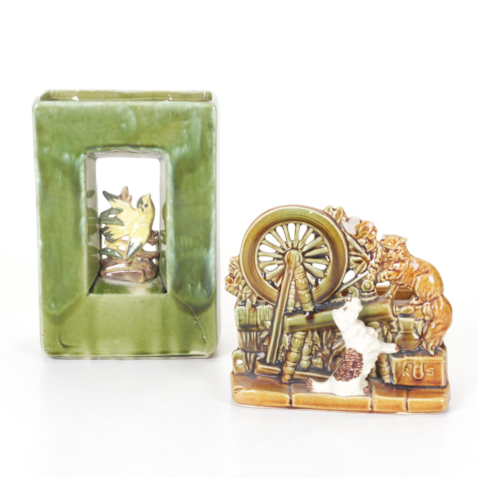 McCoy Pottery Spinning Wheel & Arcature Bird Vases, Mid-20th Century