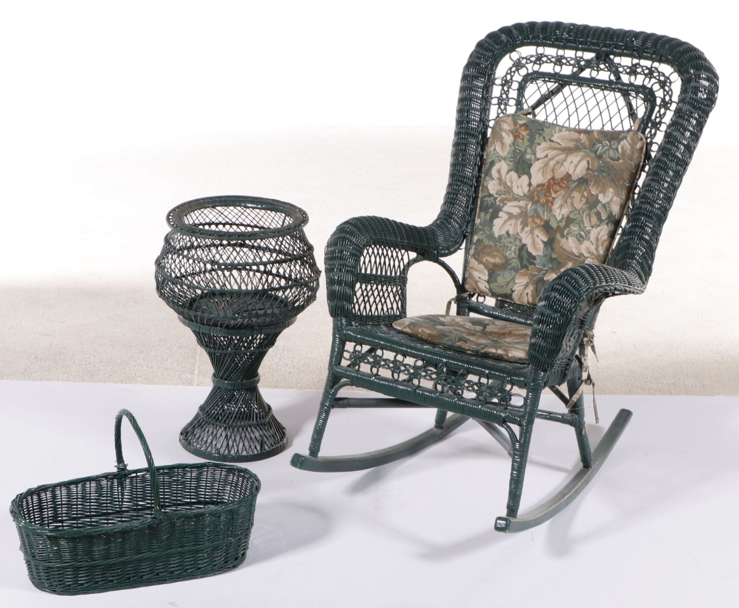 Painted Green Wicker Rocking Chair and Baskets