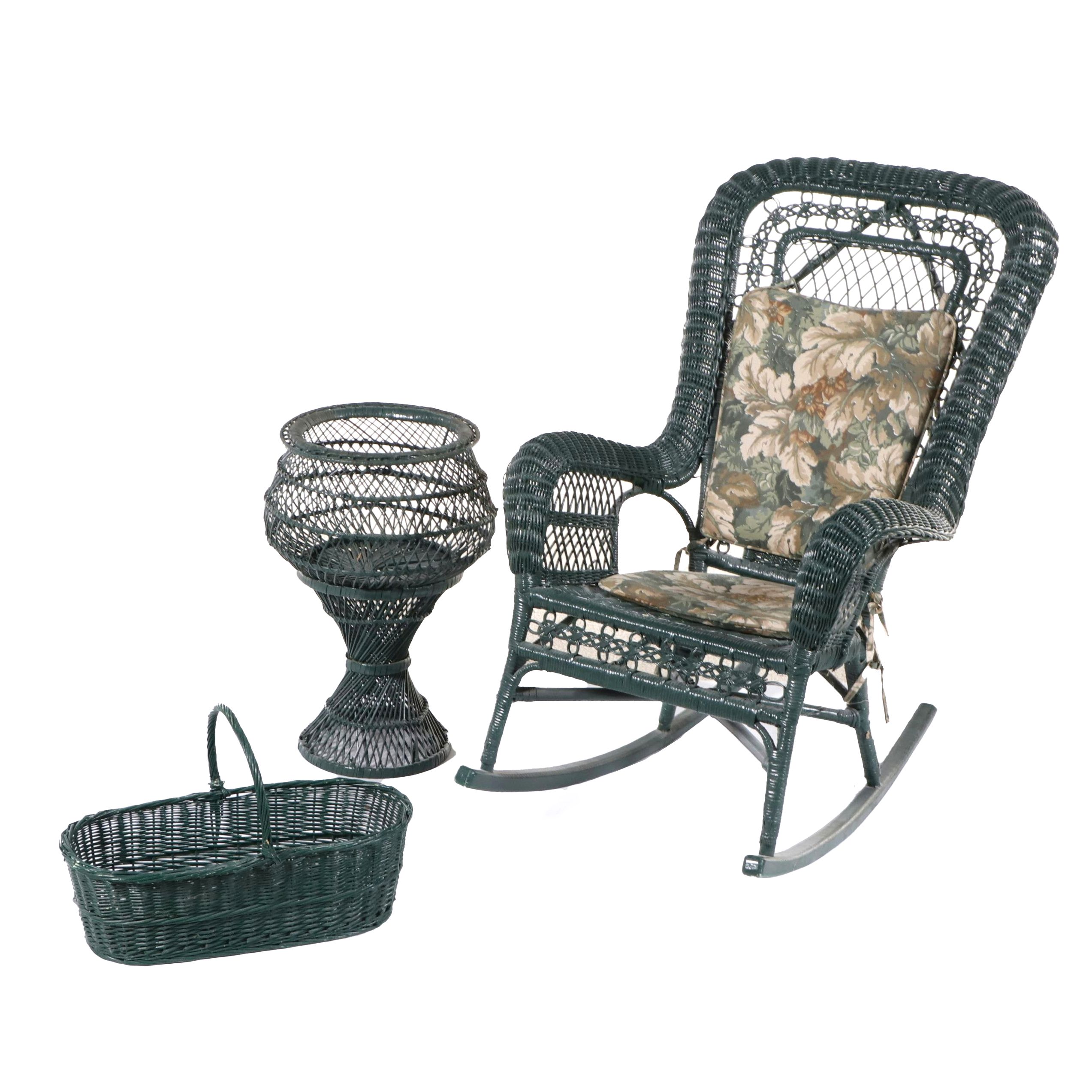 Painted Green Wicker Rocking Chair and Baskets
