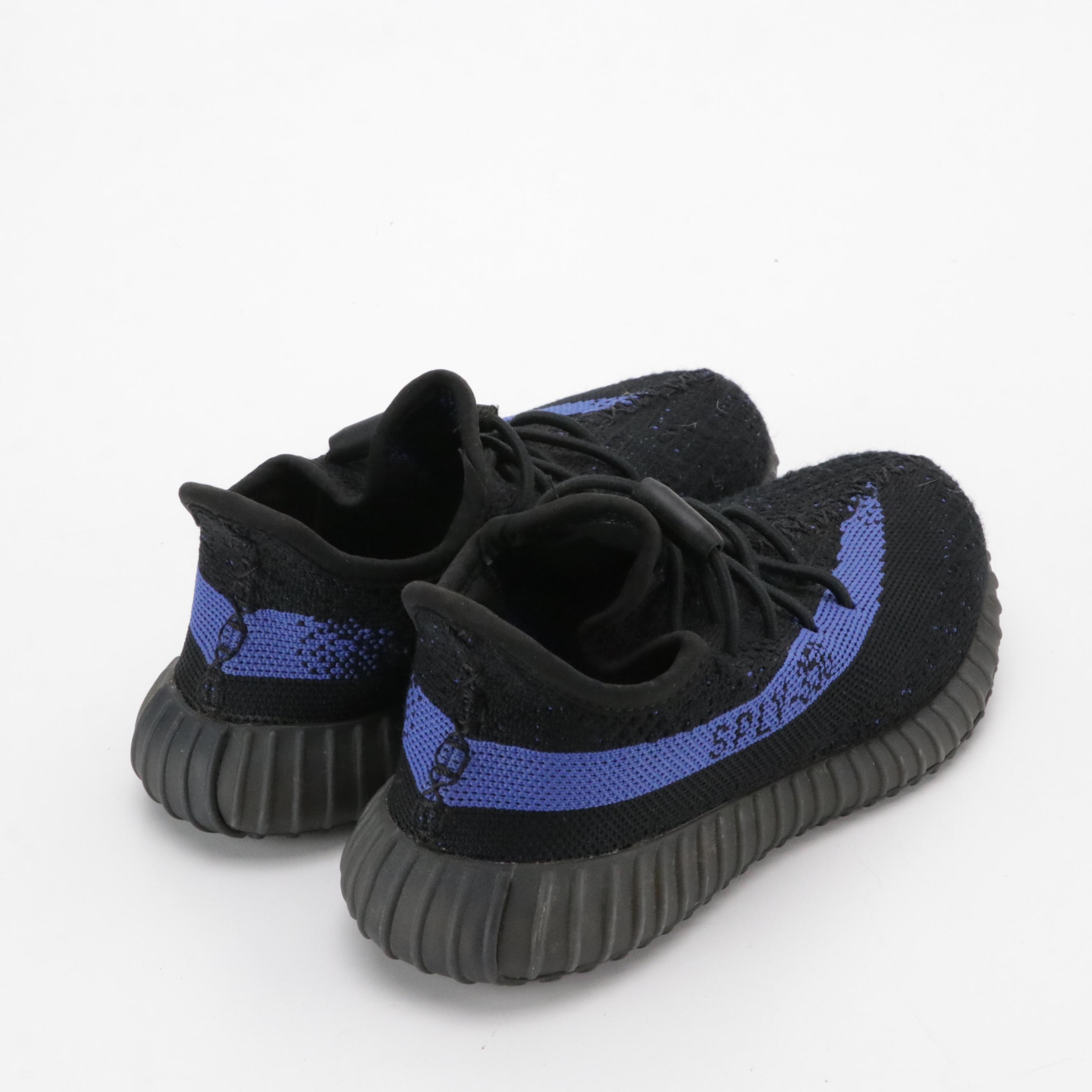 Kids Adidas Yeezy Boost 350 V2 Lace Up Sneakers in Black and Blue with Box