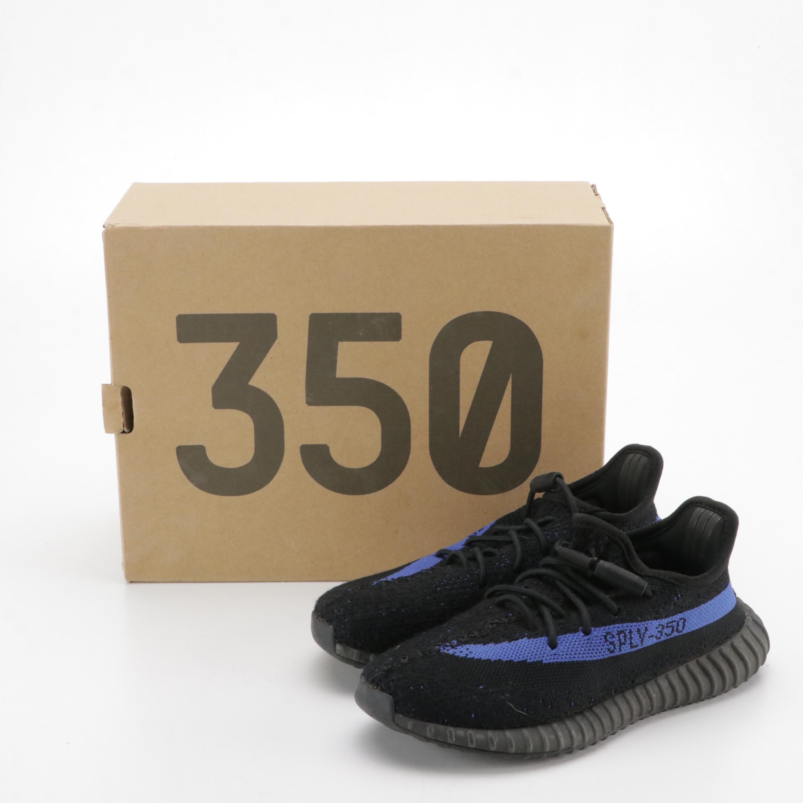 Kids Adidas Yeezy Boost 350 V2 Lace Up Sneakers in Black and Blue with Box