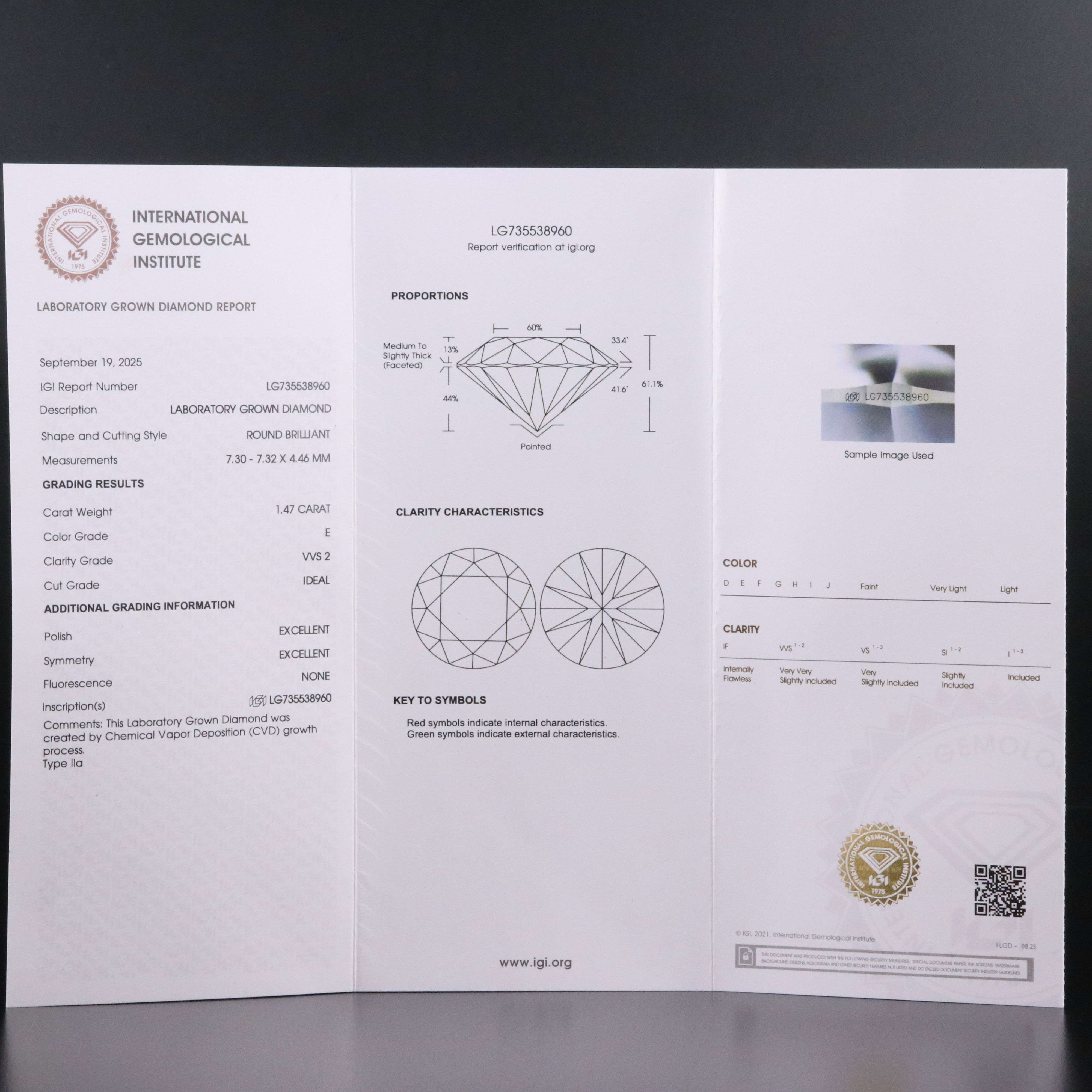 Loose 1.47 CT Lab Grown Diamond with IGI Report