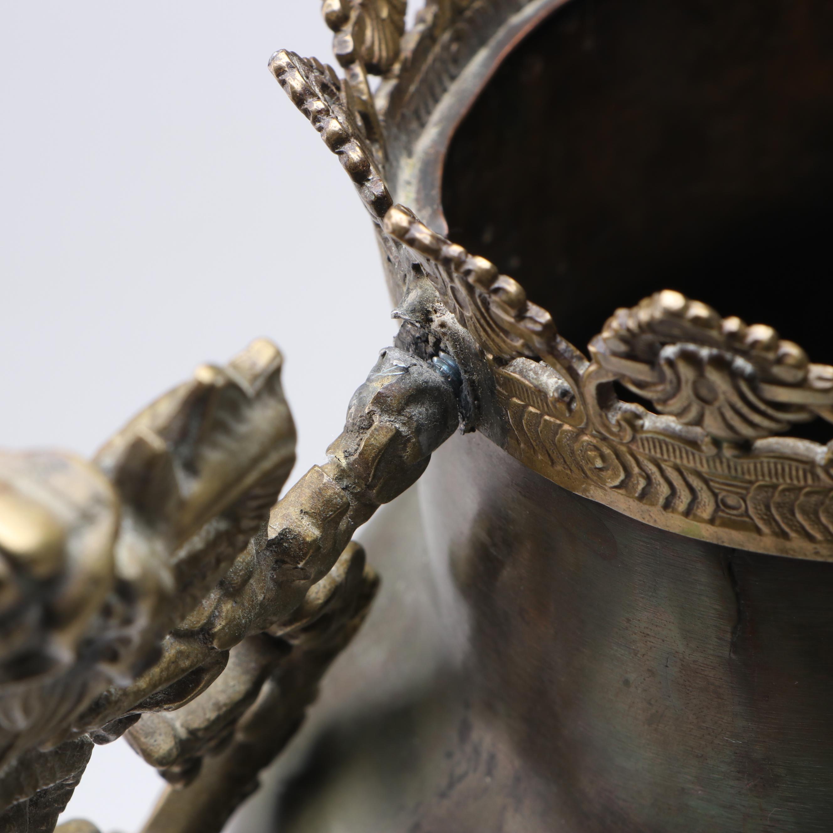 Victorian Chinoiserie Padfoot Brass Vase with Cherry Blossom Dragon Handles