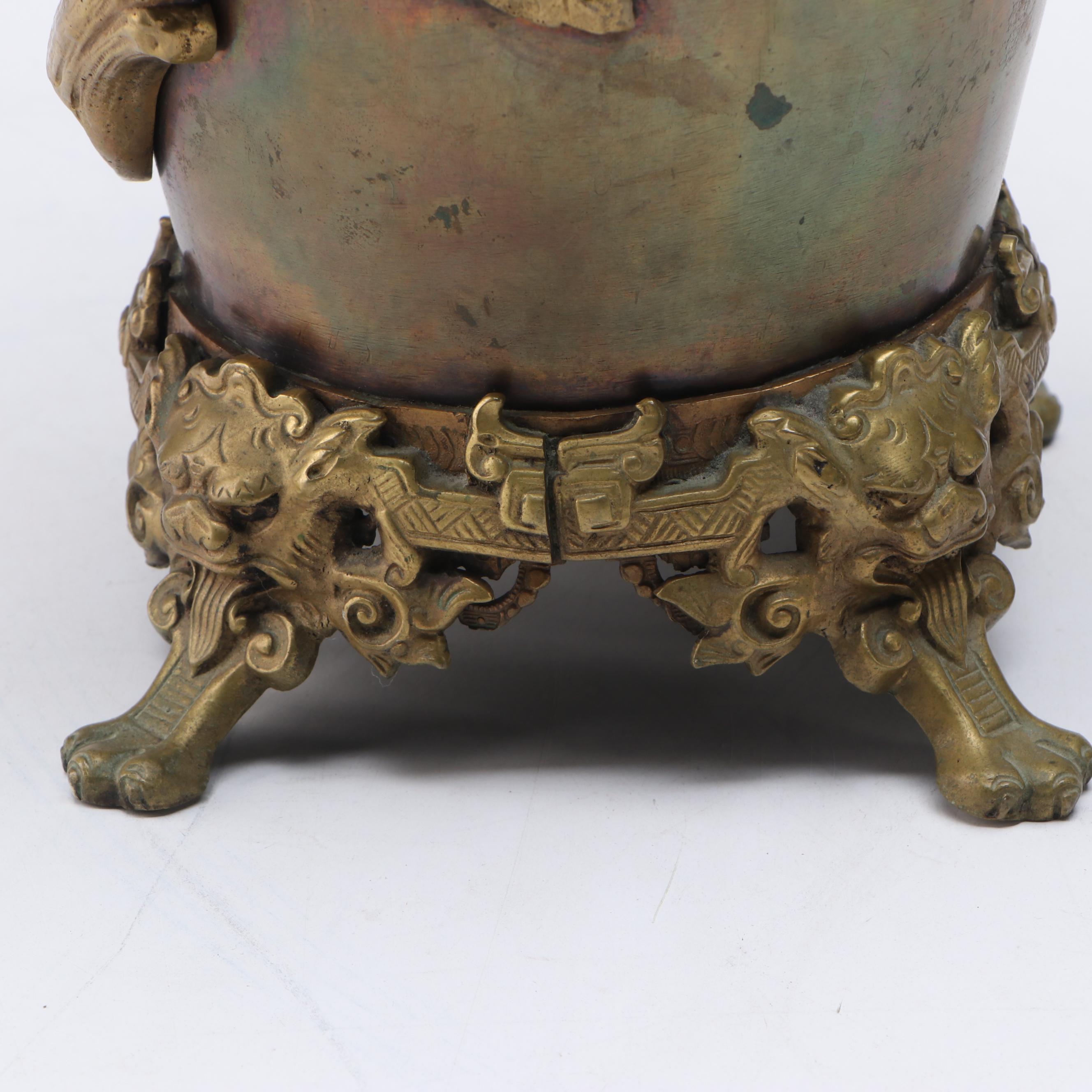 Victorian Chinoiserie Padfoot Brass Vase with Cherry Blossom Dragon Handles