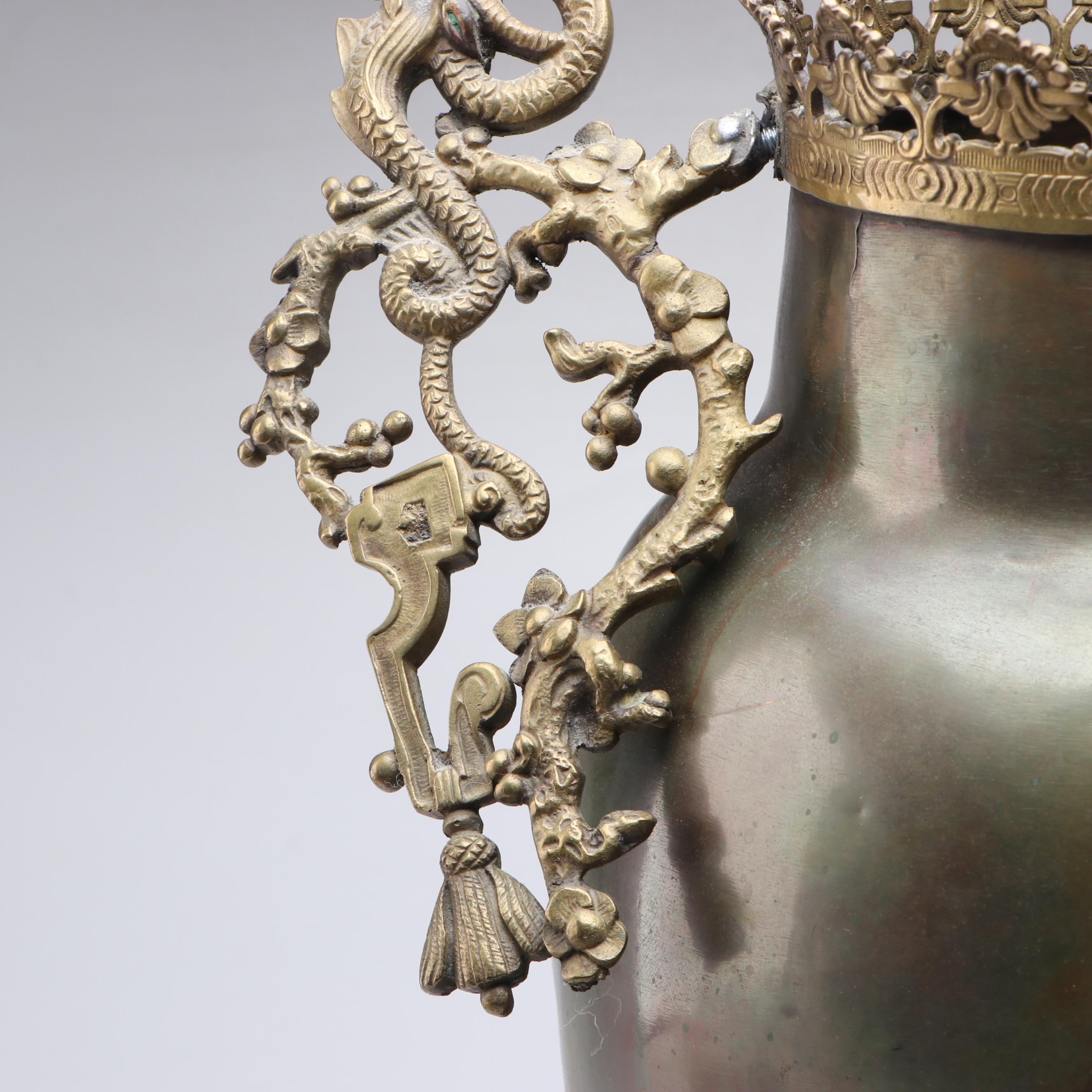 Victorian Chinoiserie Padfoot Brass Vase with Cherry Blossom Dragon Handles
