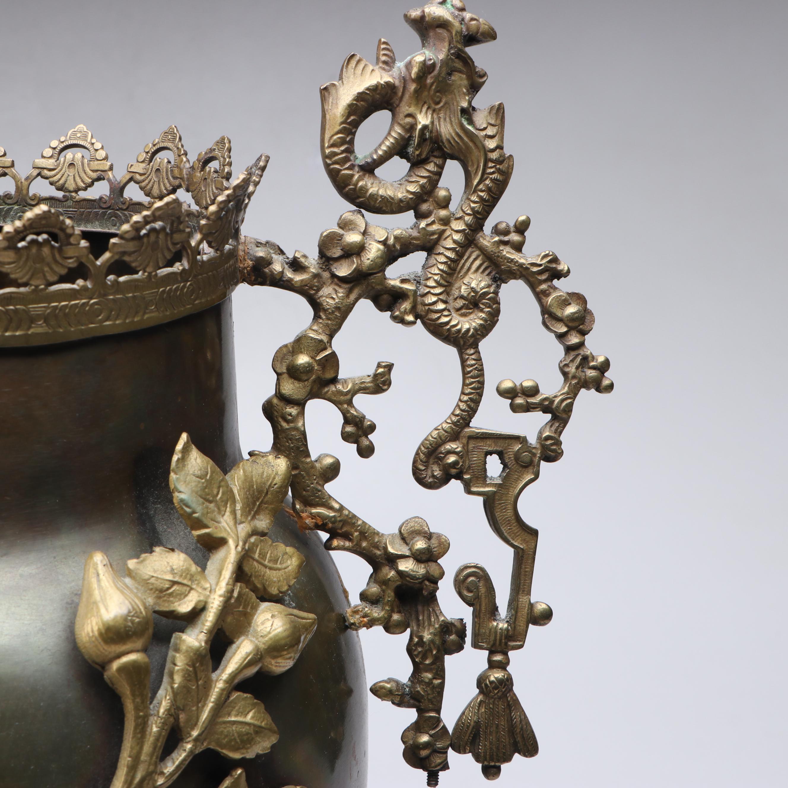 Victorian Chinoiserie Padfoot Brass Vase with Cherry Blossom Dragon Handles