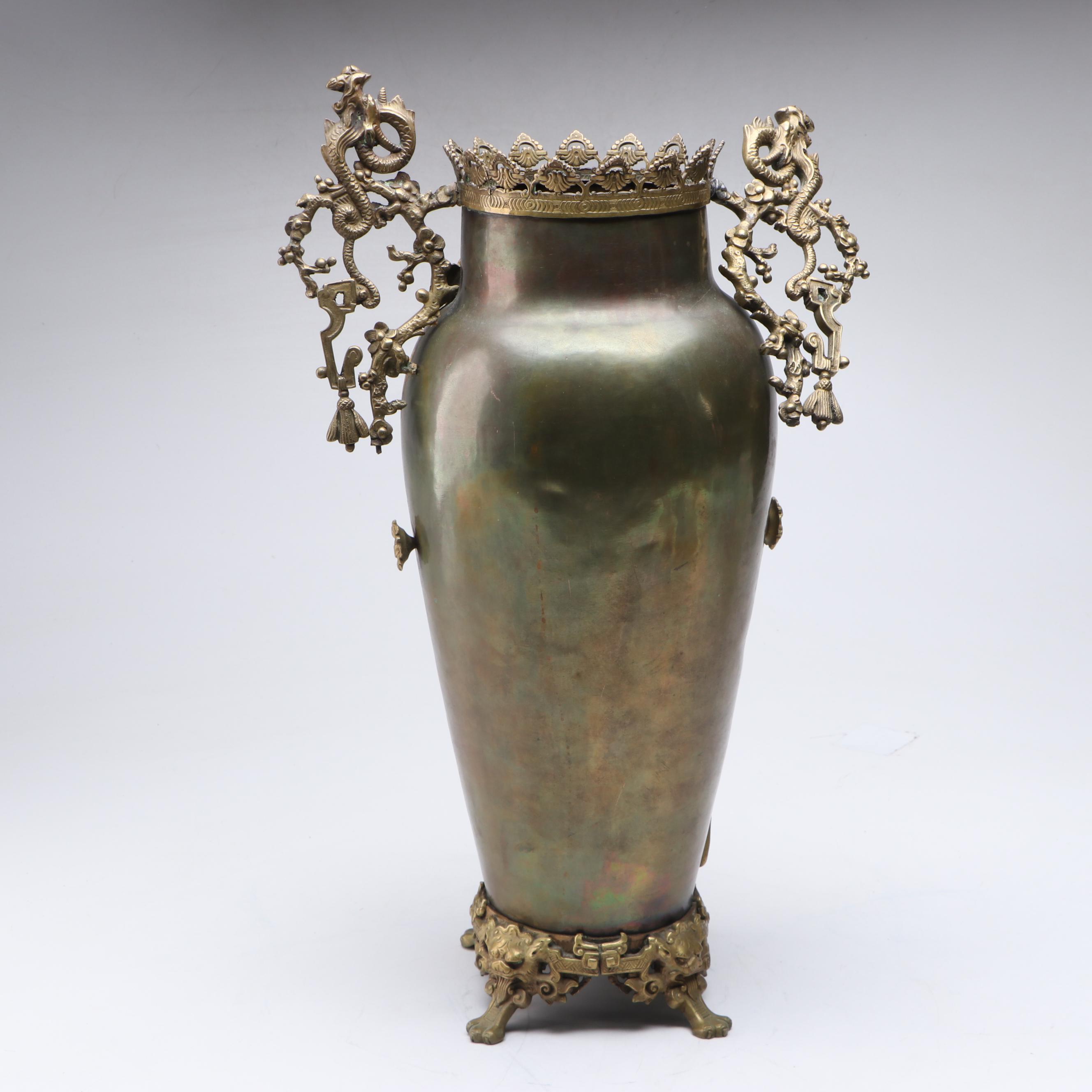 Victorian Chinoiserie Padfoot Brass Vase with Cherry Blossom Dragon Handles