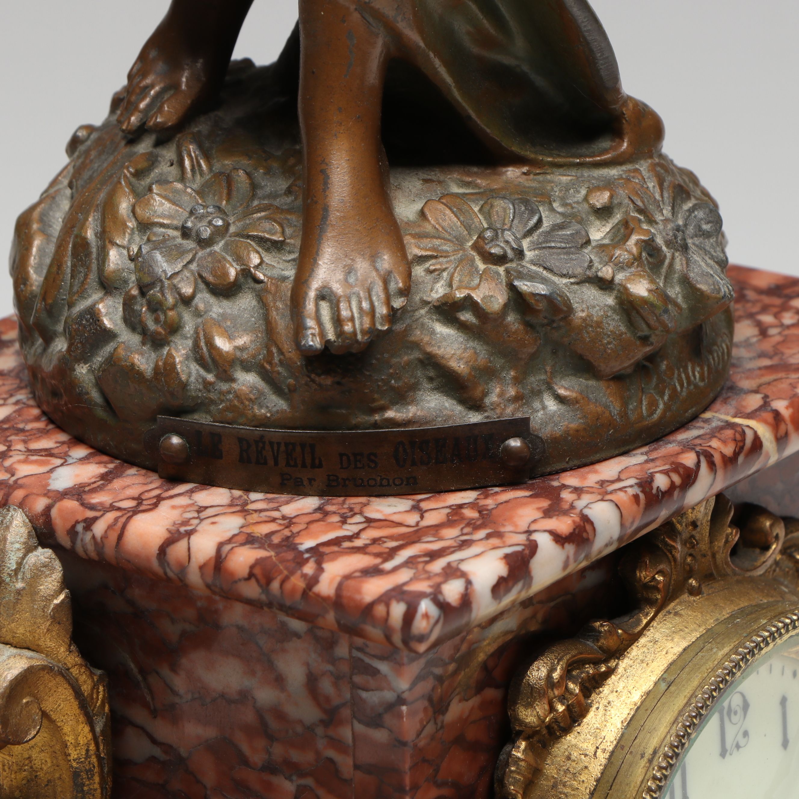French Onyx and Bronzed Metal "Le Reveil Des Oiseaux" After Bruchon Clock