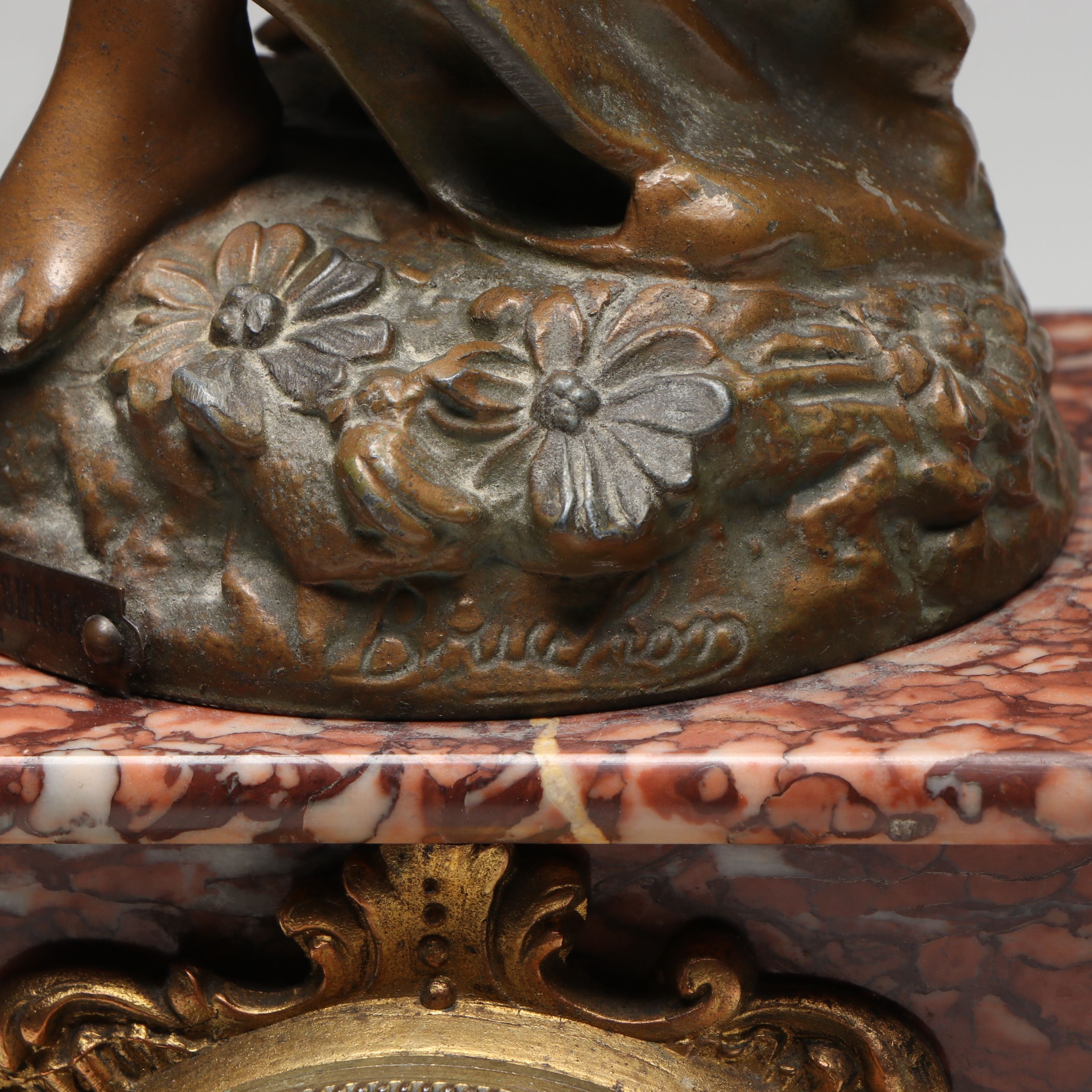 French Onyx and Bronzed Metal "Le Reveil Des Oiseaux" After Bruchon Clock