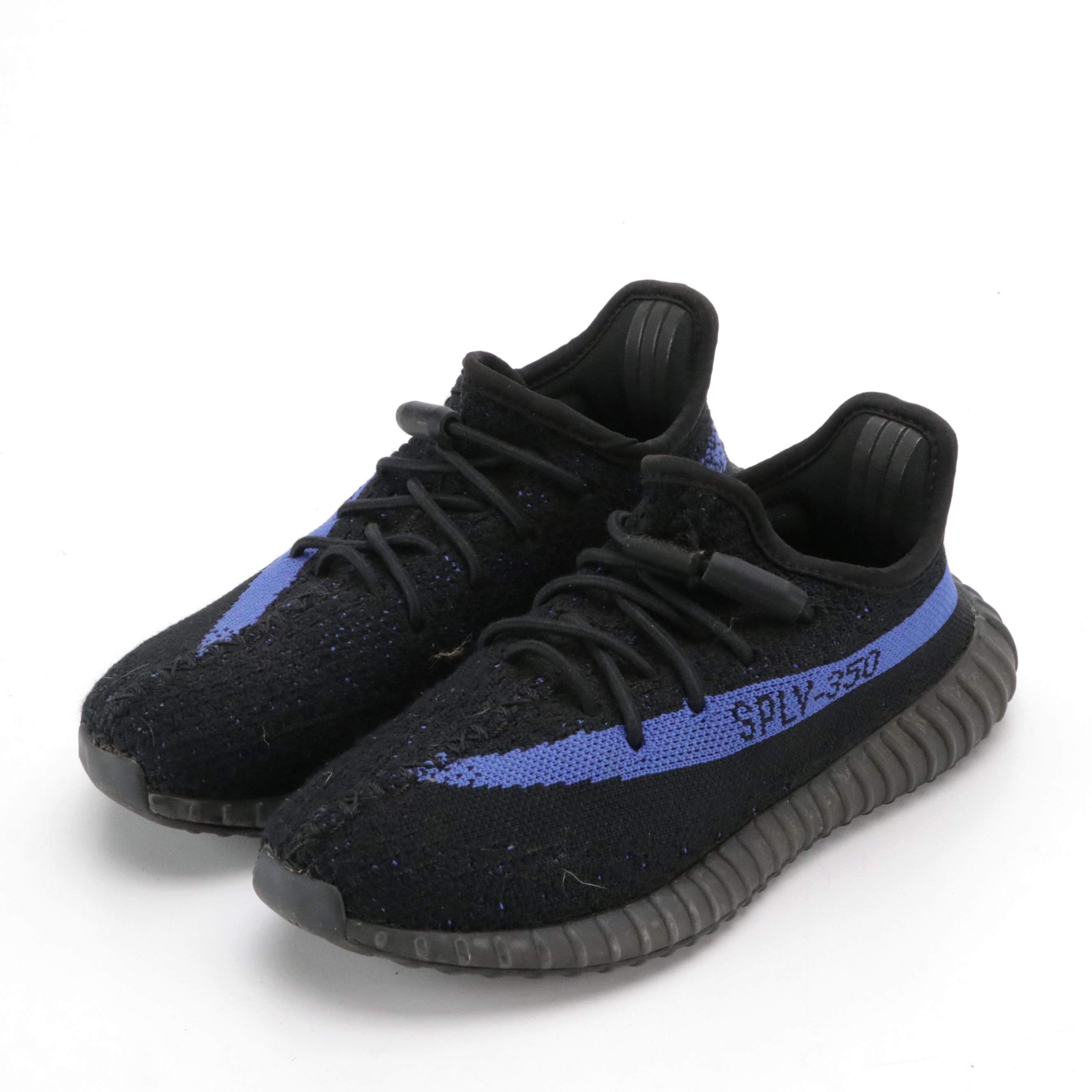 Kids Adidas Yeezy Boost 350 V2 Lace Up Sneakers in Black and Blue with Box