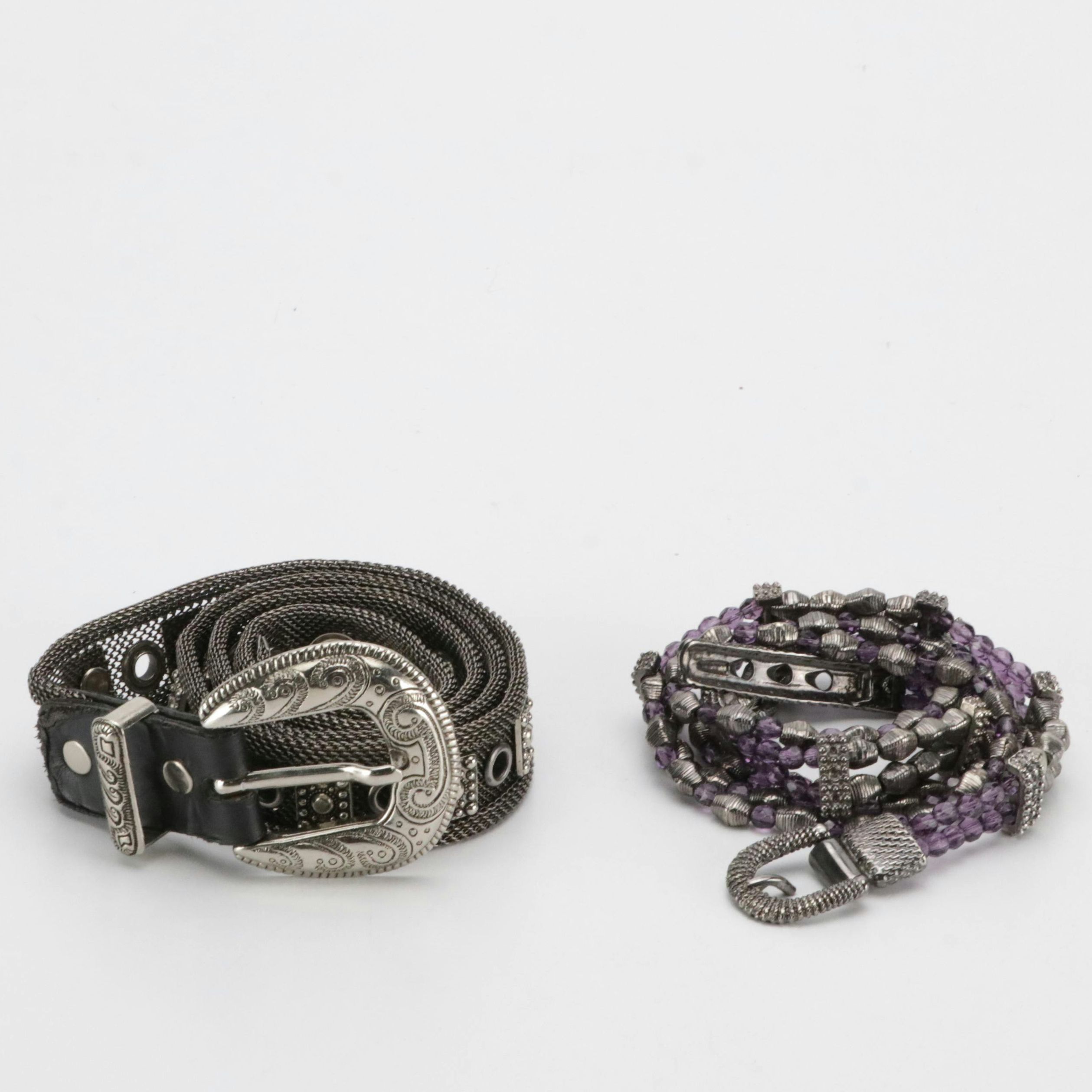 Sand Castle Metal Mesh Belt with Other Purple and Silver Toned Beaded Belt