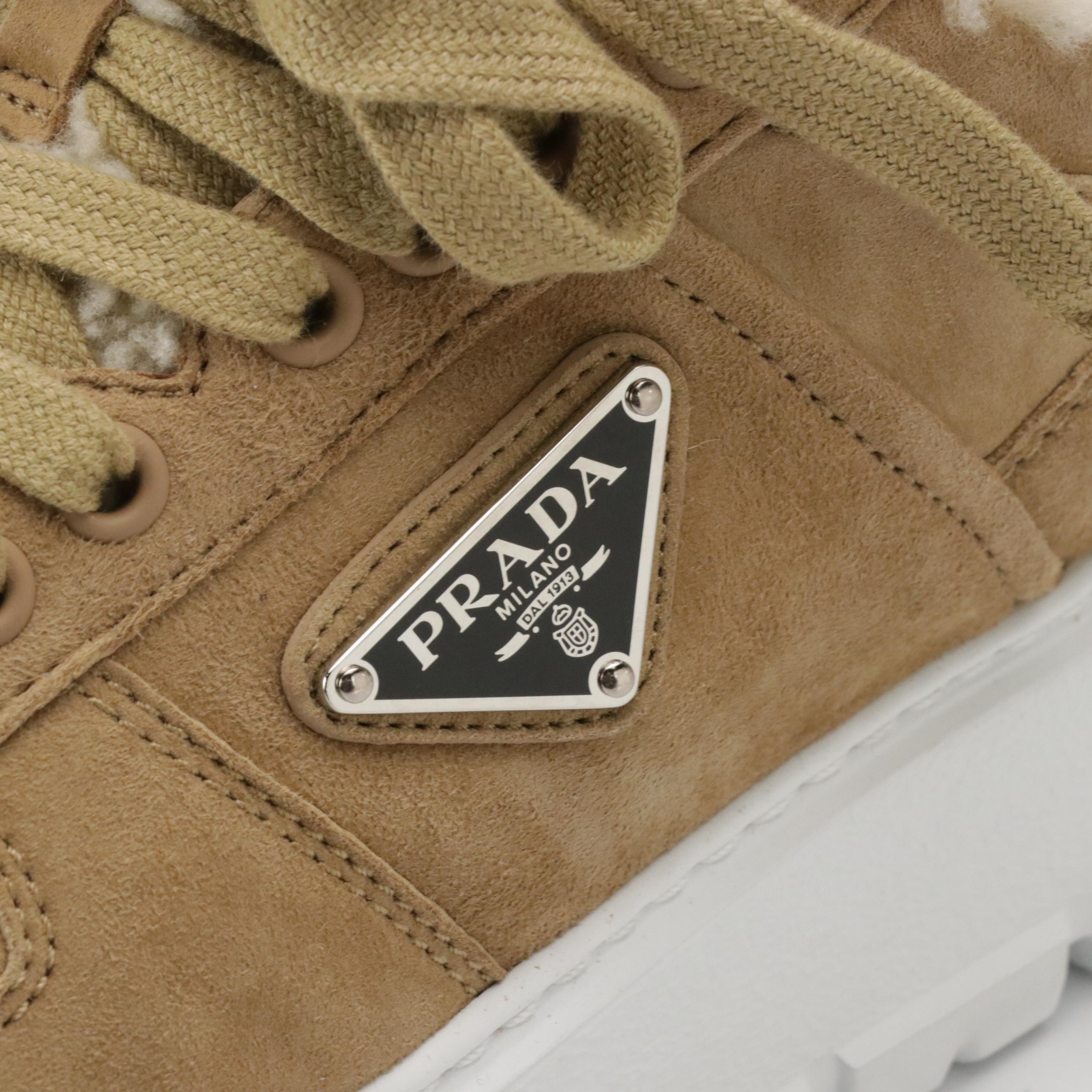 Prada Suede and Shearling Platform Lace-Up Sneakers