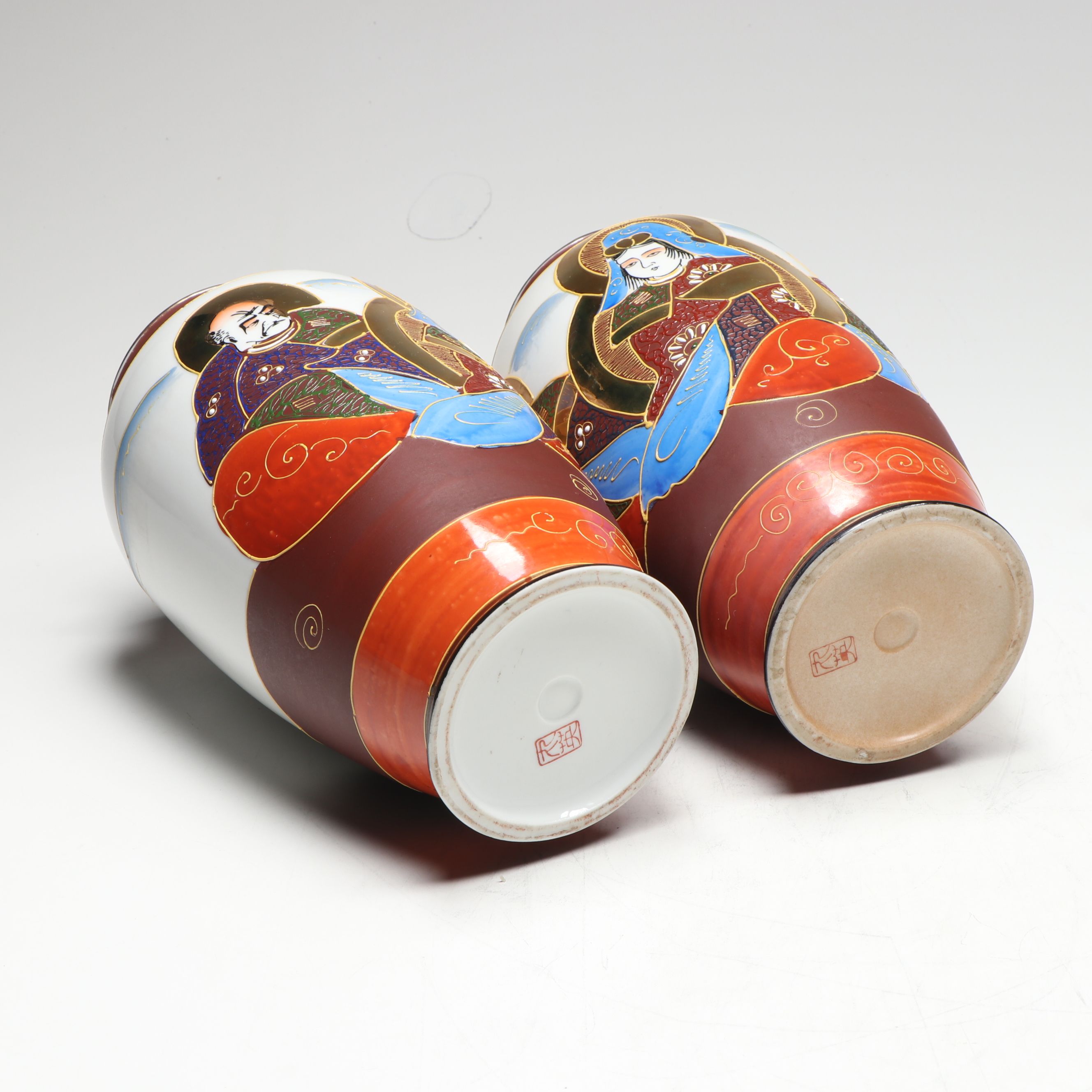 Pair of Japanese Porcelain Satsuma Moriage Accented Vases