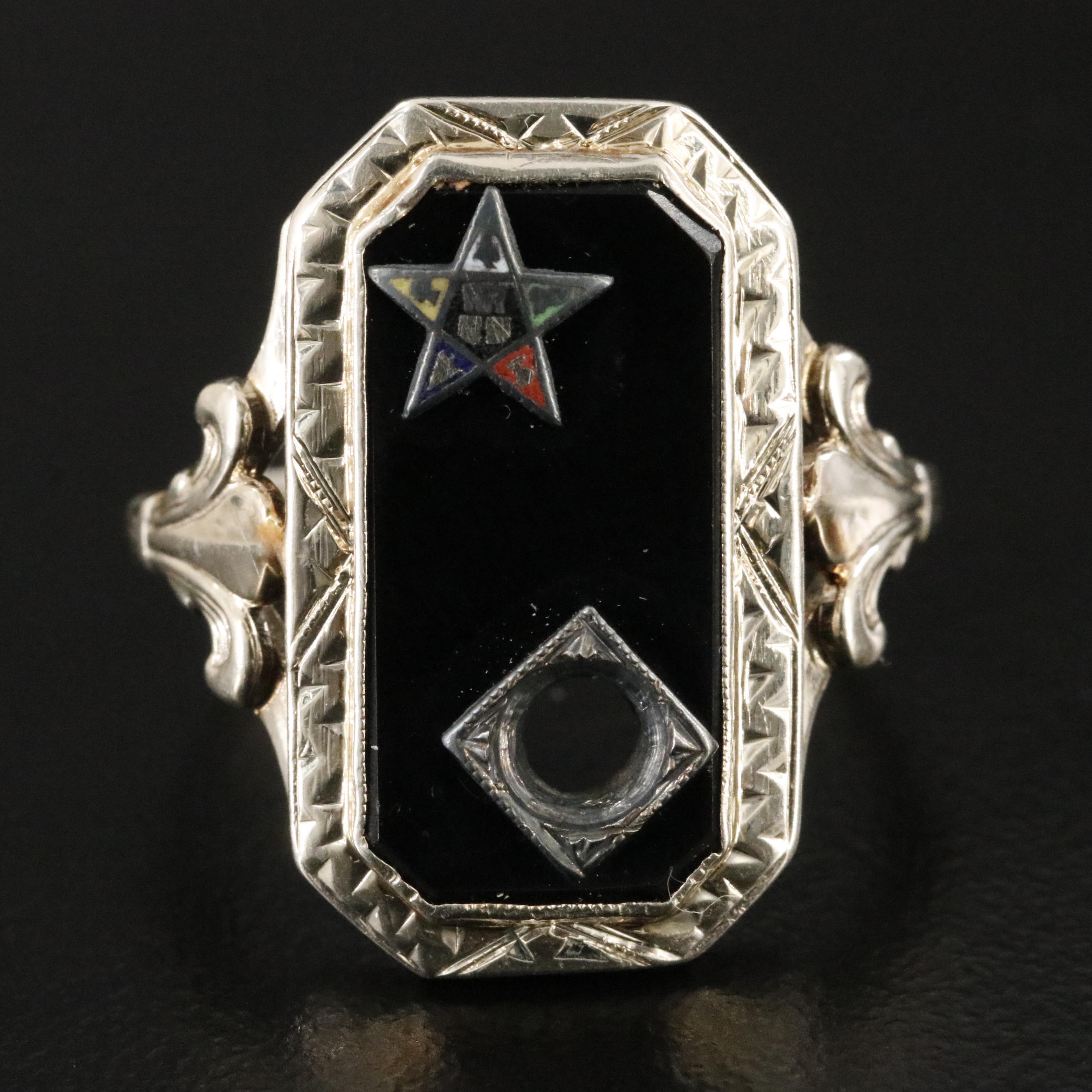 Vintage 14K Black Onyx and Enamel Eastern Star Ring