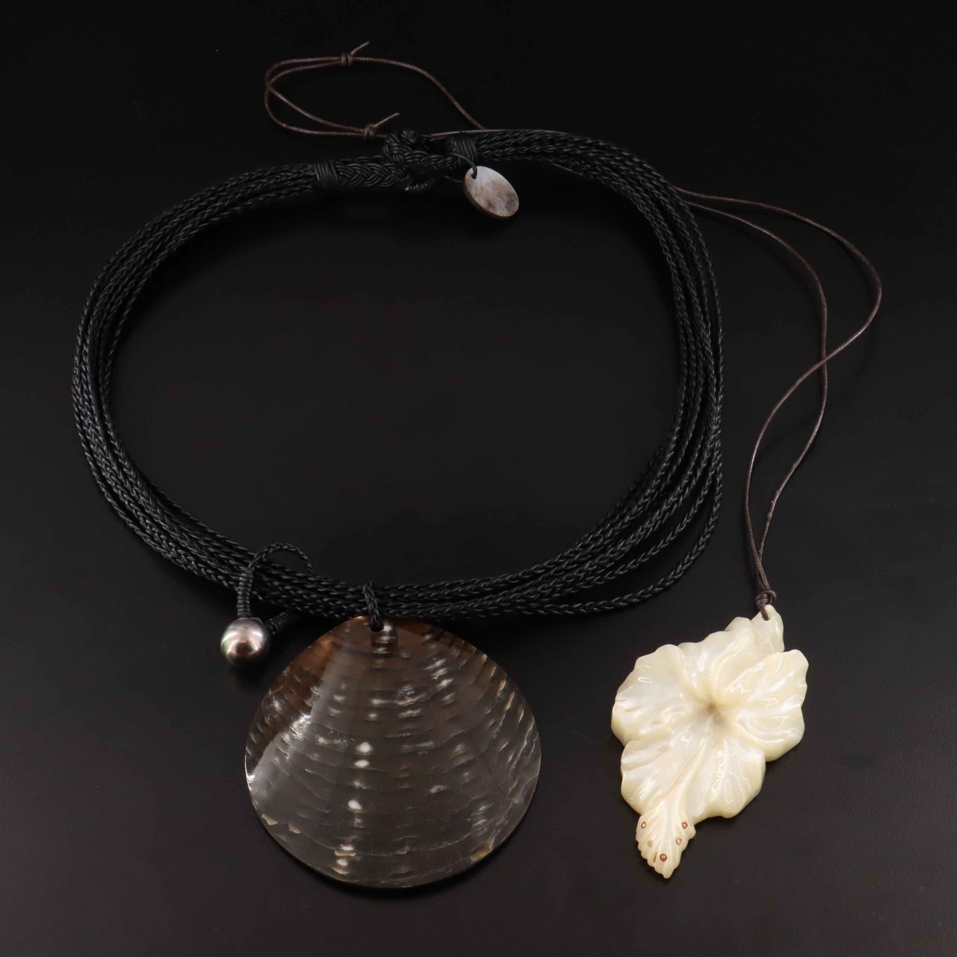 Robert Wan Shell and Pearl Necklace with Carved Mother-of-Pearl Flower Necklace
