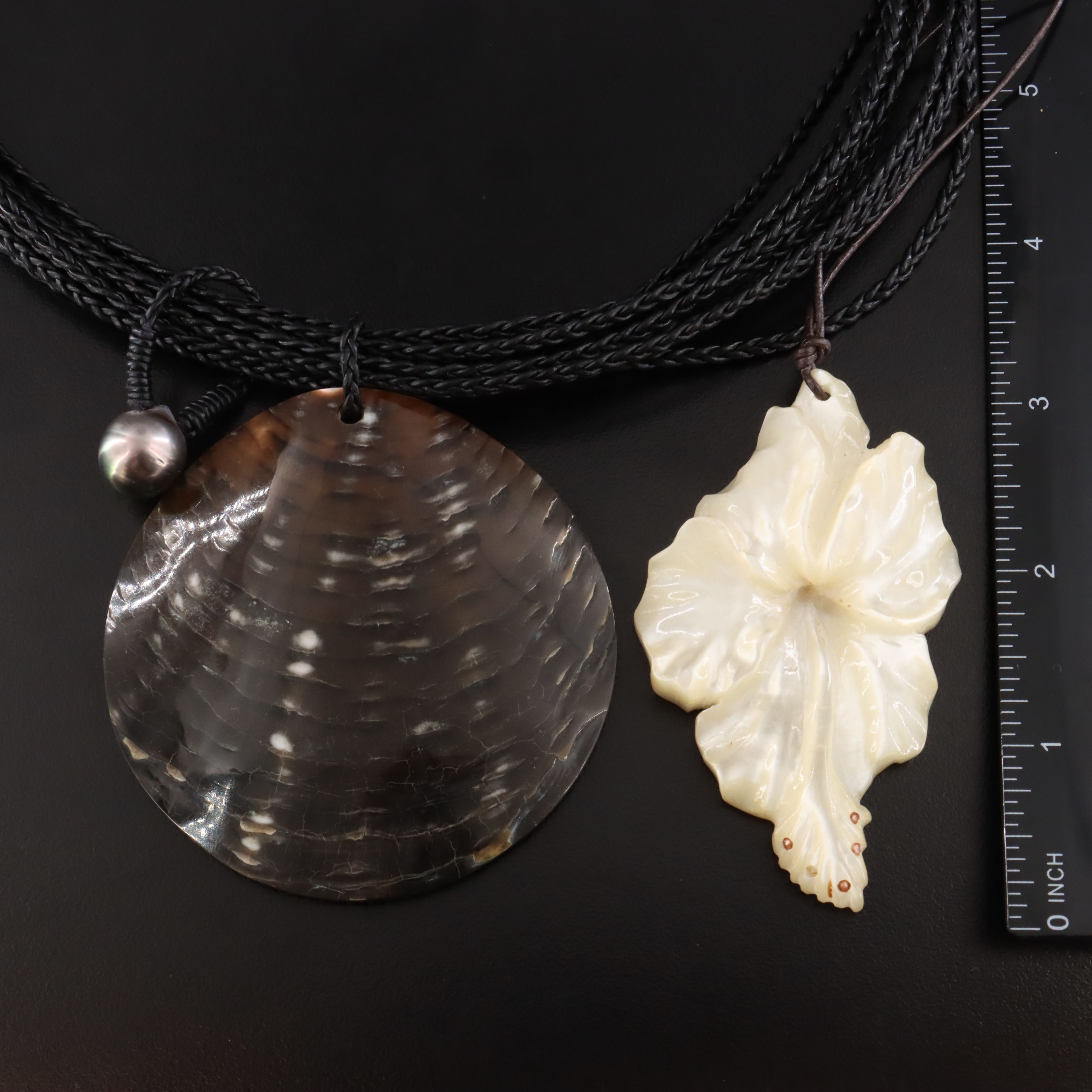 Robert Wan Shell and Pearl Necklace with Carved Mother-of-Pearl Flower Necklace