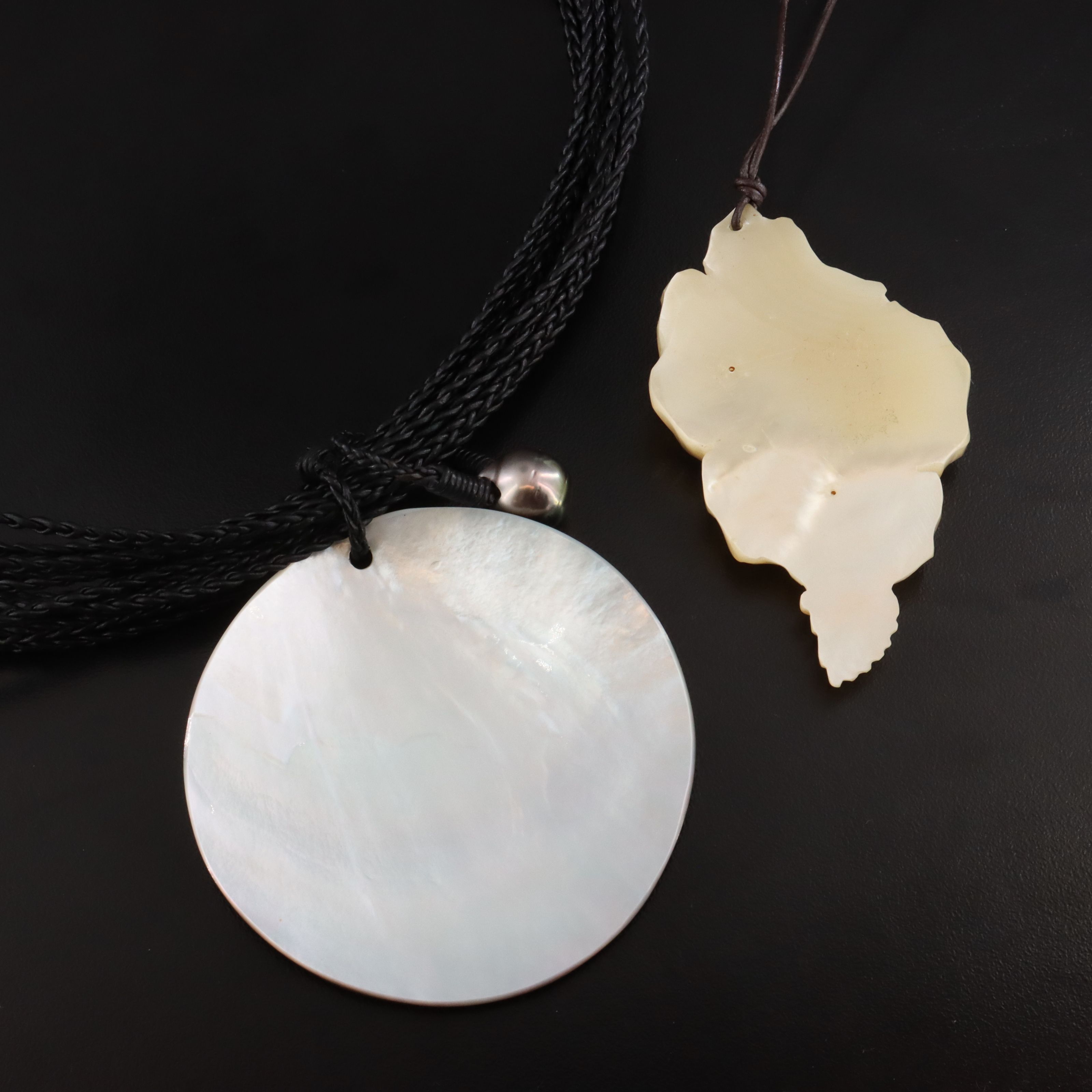Robert Wan Shell and Pearl Necklace with Carved Mother-of-Pearl Flower Necklace