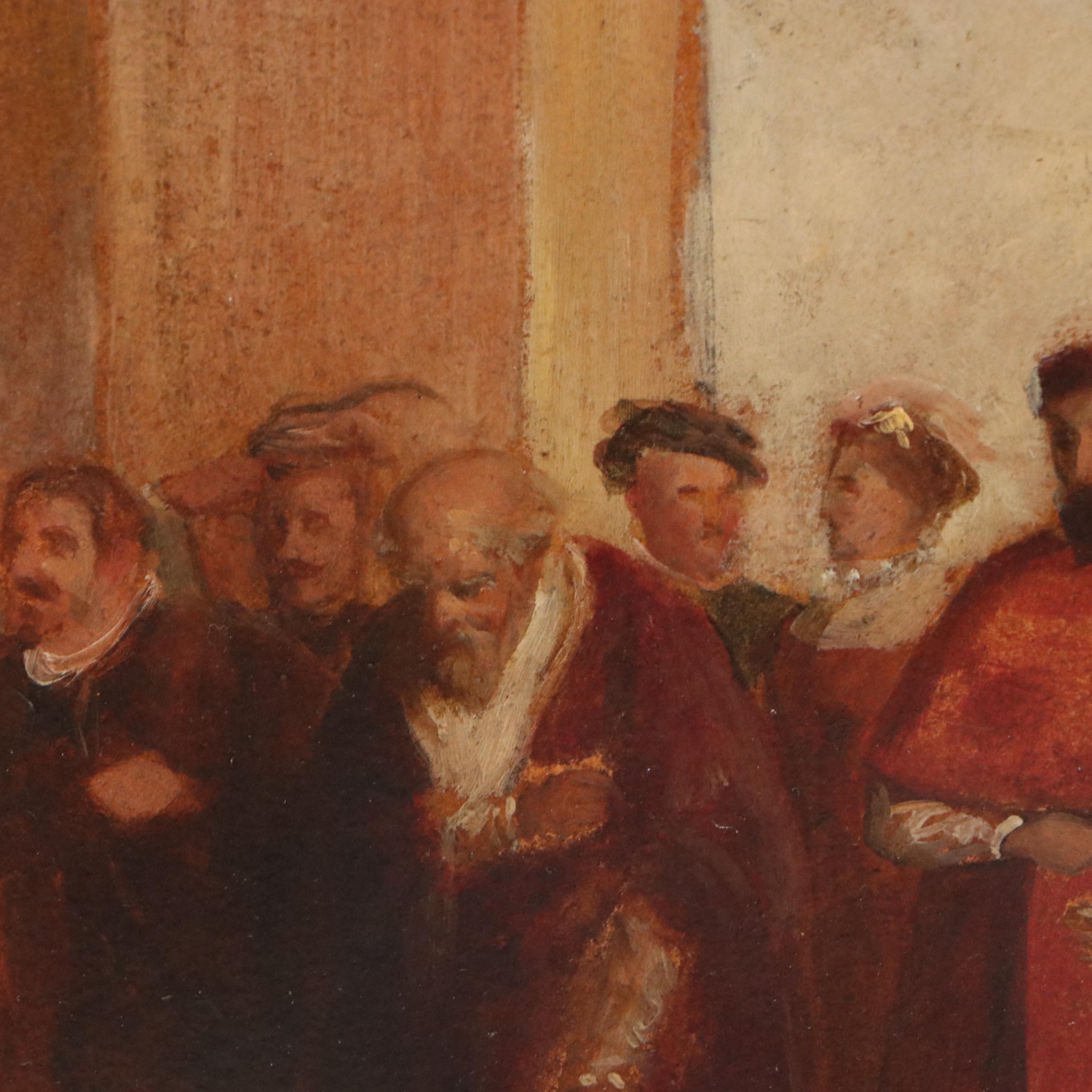 European Oil Painting "Waiting for the Queen," Late 19th Century