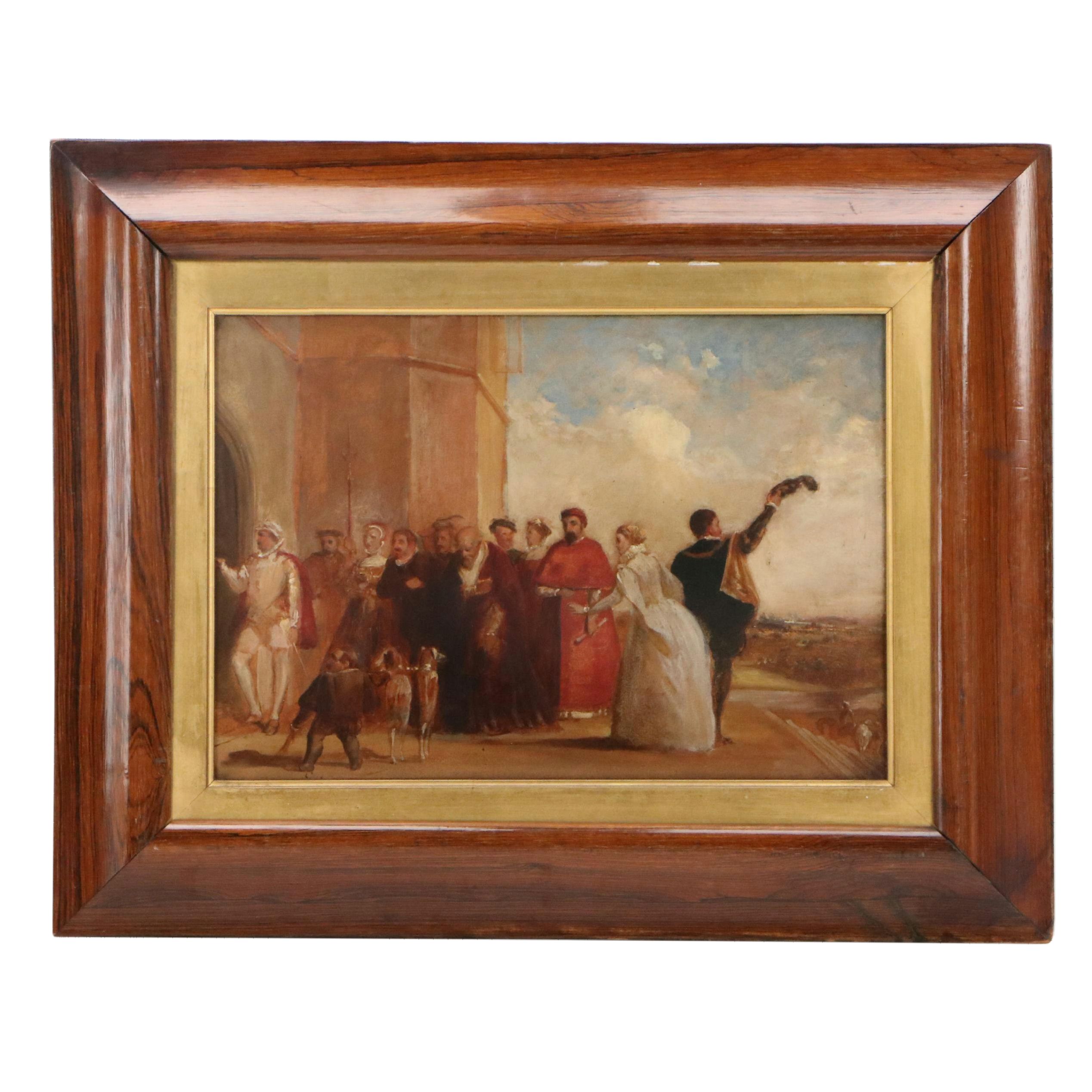 European Oil Painting "Waiting for the Queen," Late 19th Century