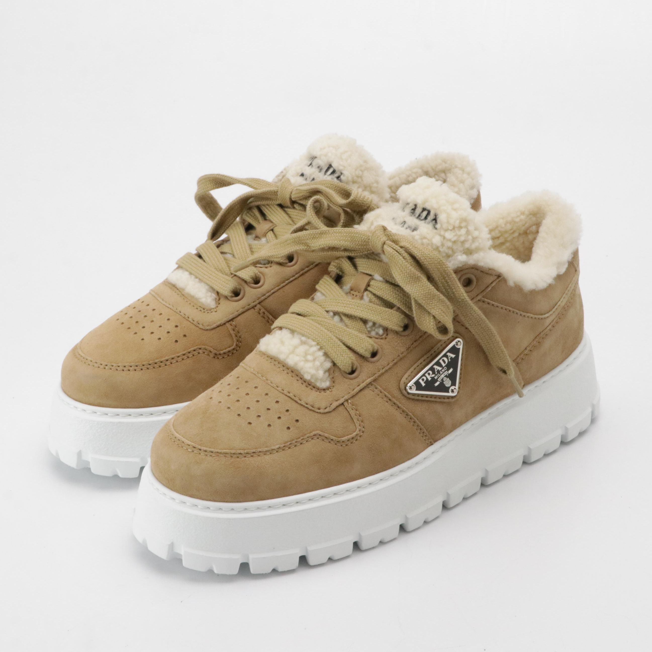 Prada Suede and Shearling Platform Lace-Up Sneakers