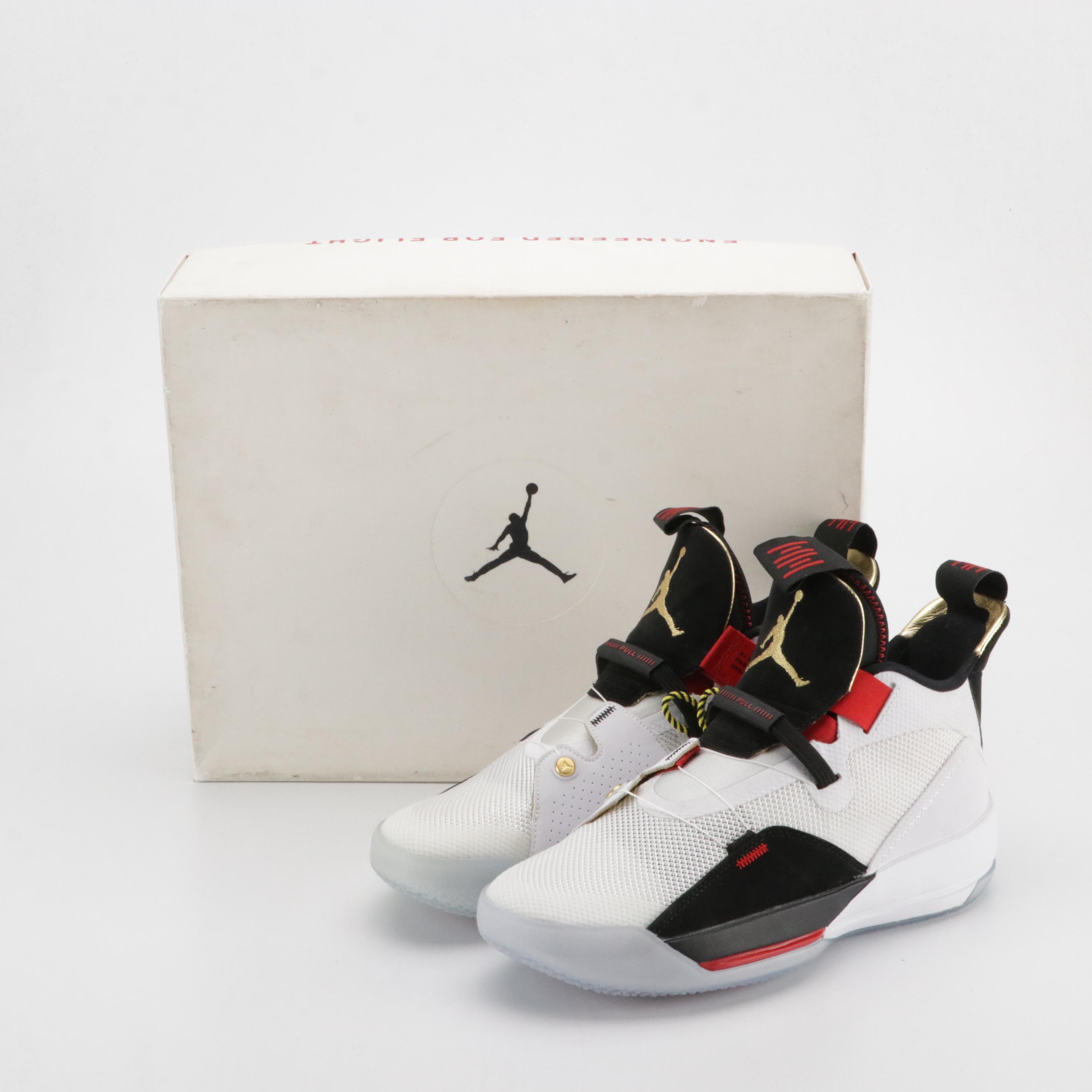 Nike Air Jordan 33 Future Flight High Top Sneakers in White, Red & Black W/ Box