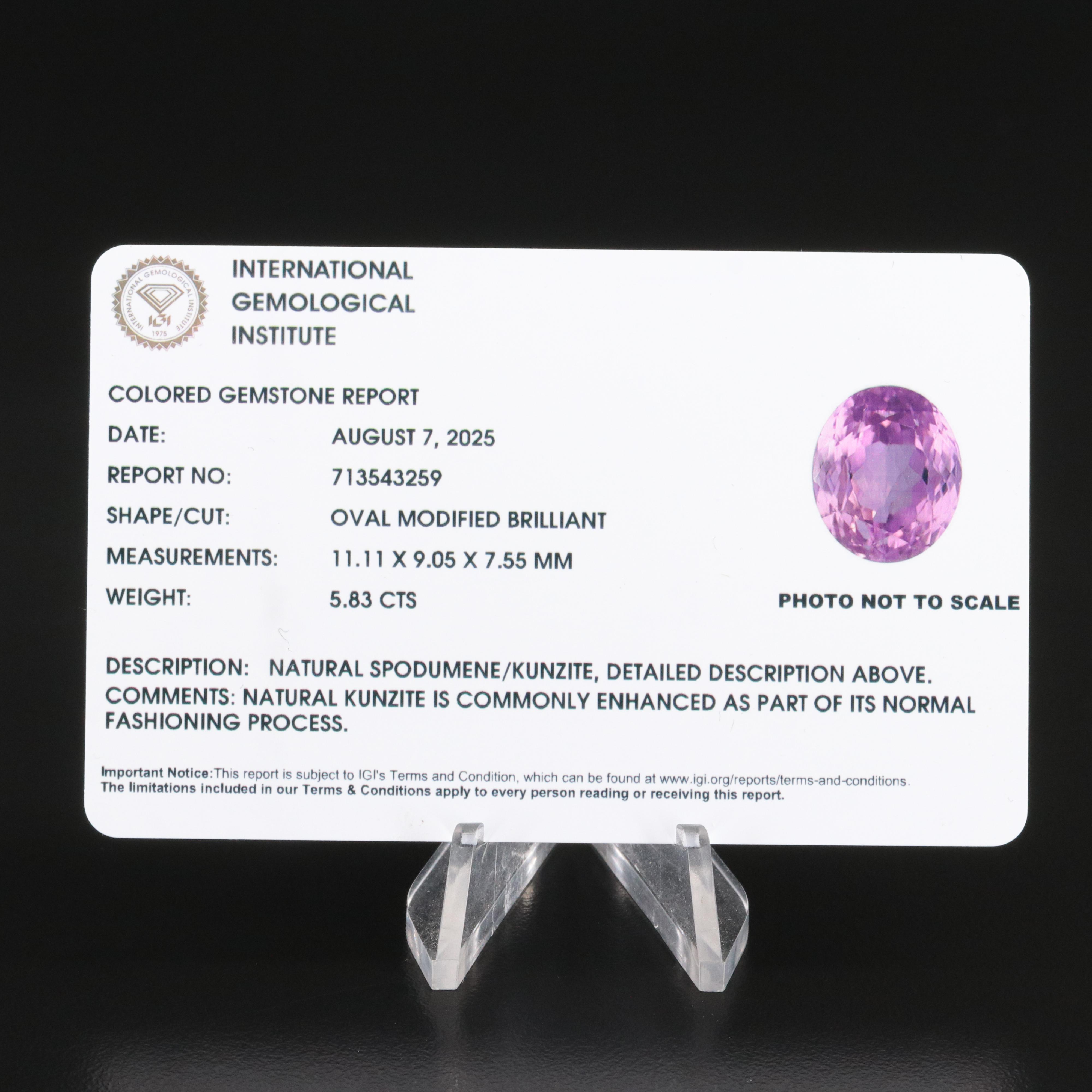 Loose 5.83 CT Kunzite with IGI Report