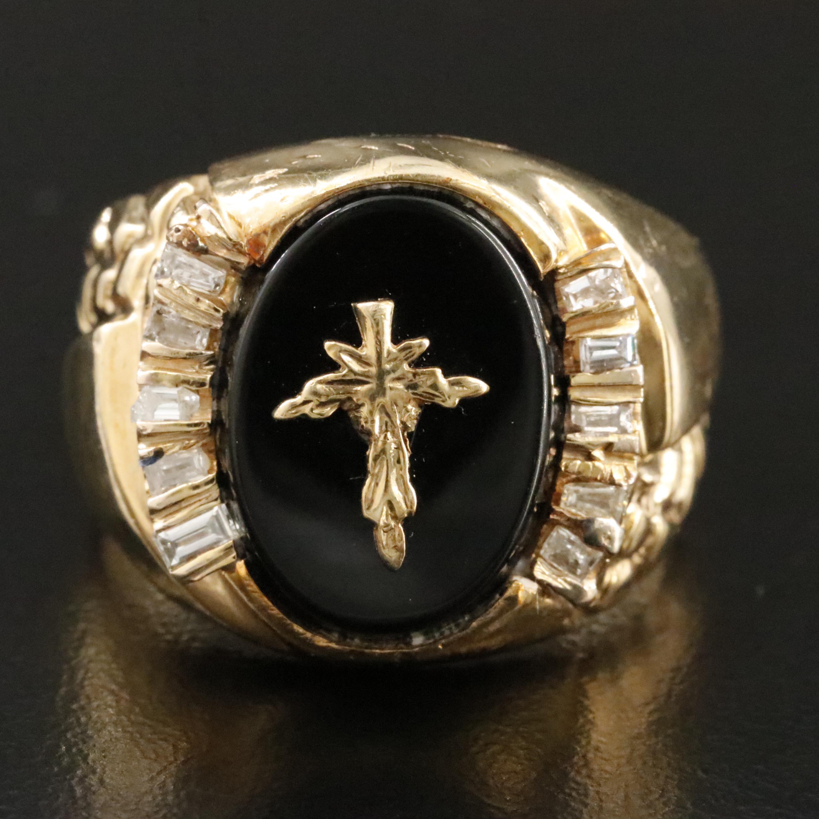 10K Black Onyx and Diamond Cross Ring