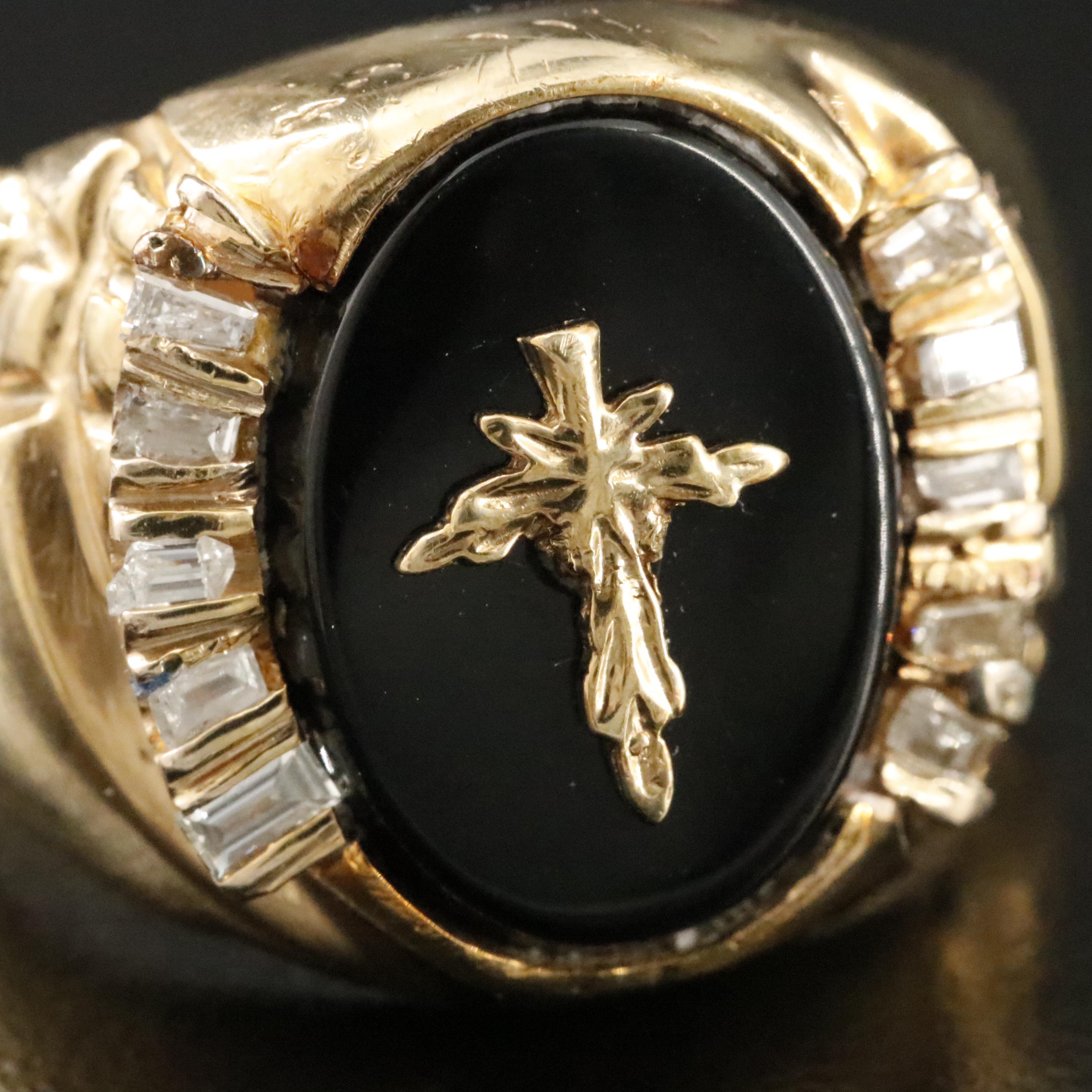 10K Black Onyx and Diamond Cross Ring