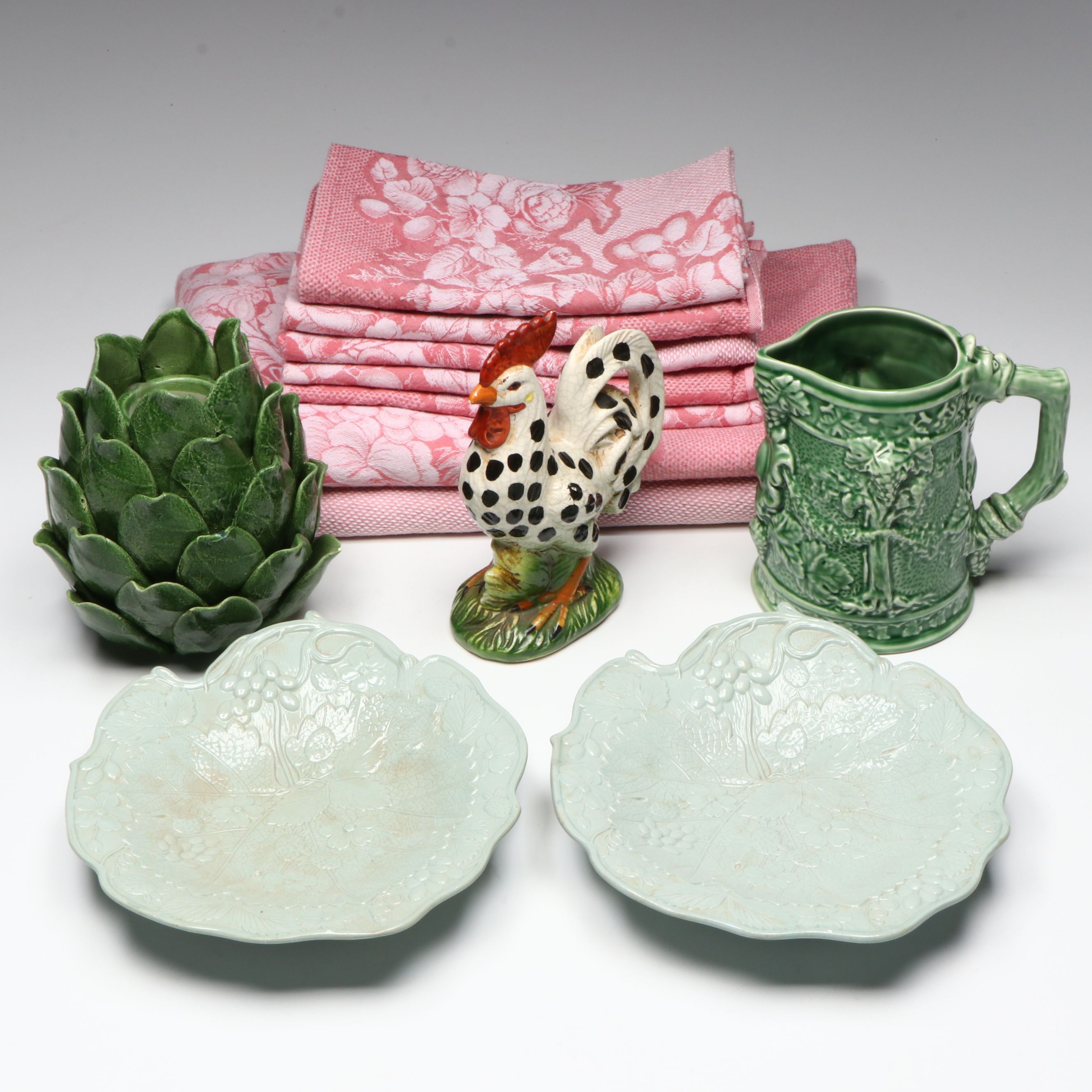 Majolica Style Ceramic Table Accessories with Pink Floral Cotton Table Linens