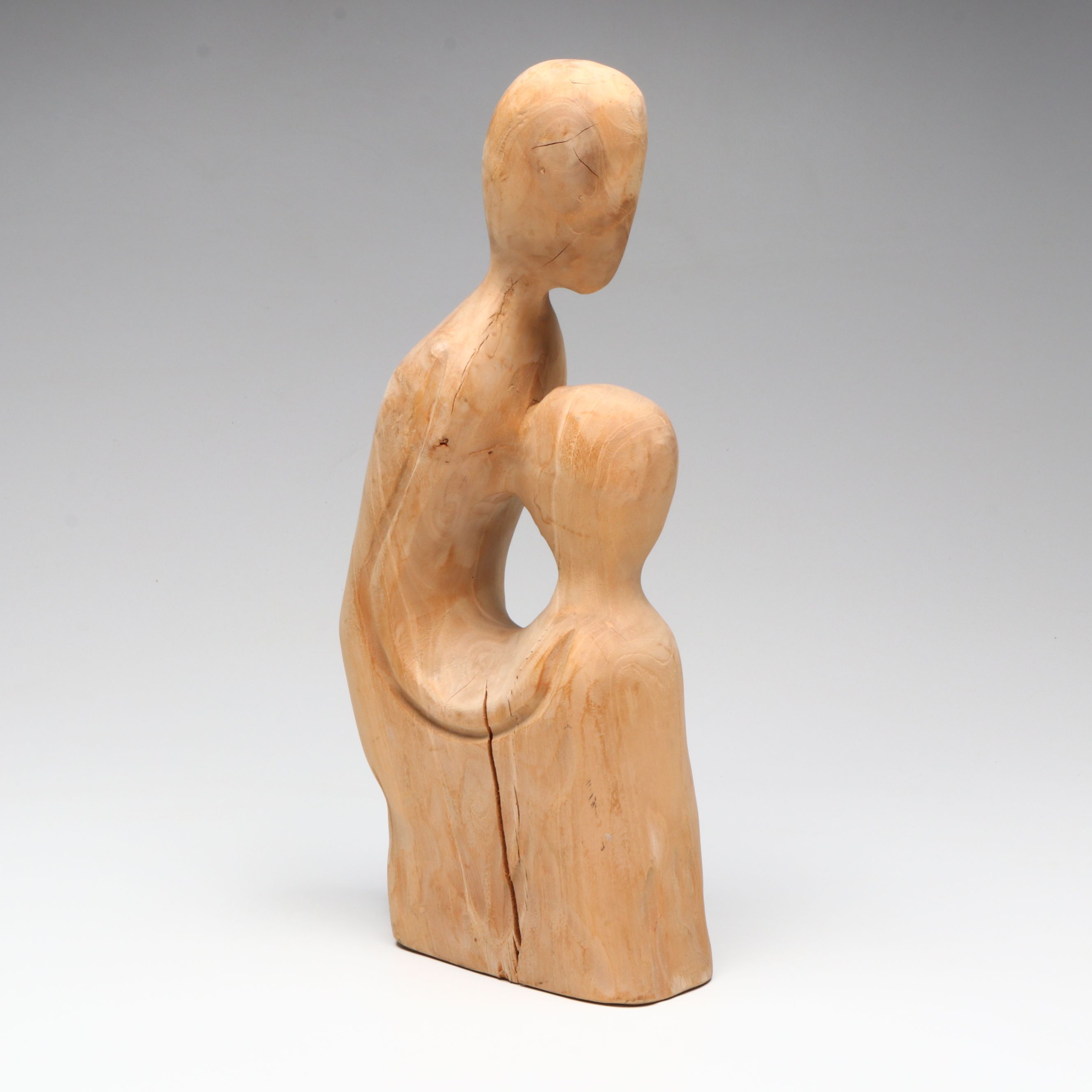 Hand-Carved Mother and Child Abstract Wood Statue, Late 20th Century