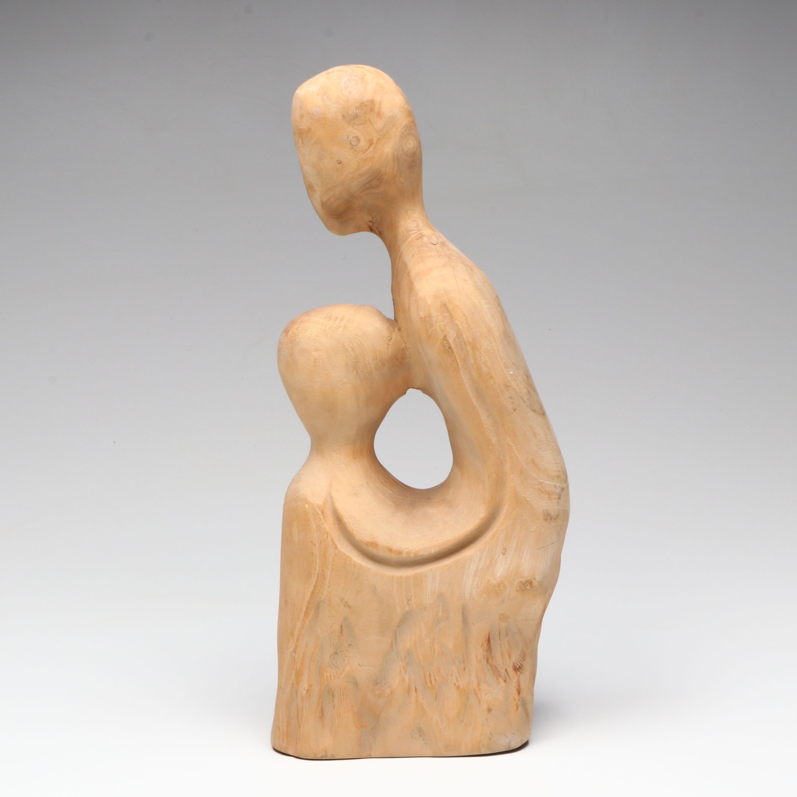 Hand-Carved Mother and Child Abstract Wood Statue, Late 20th Century